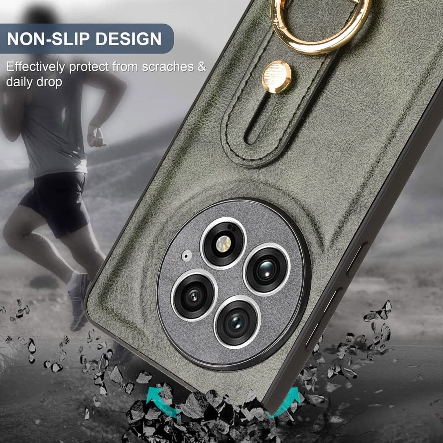 Wigento Handyhülle Für OnePlus 13 Design Kunstleder TPU Schutz Hülle Armband Ring Grün, Stoßfest, Armband-Design, hochwertiges PU-Leder