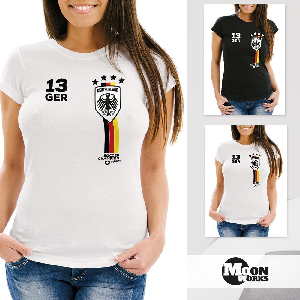 Print Damen Print-Shirt Fit schwarz T-Shirt Fanshirt Slim EM MoonWorks® Fußball WM Deutschland mit Trikot MoonWorks