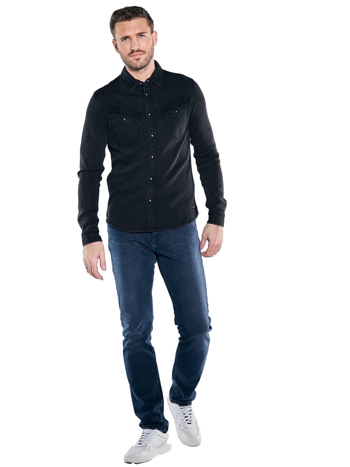 emilio adani Langarm-Poloshirt Herren Overshirt strukturiert, Schwarz