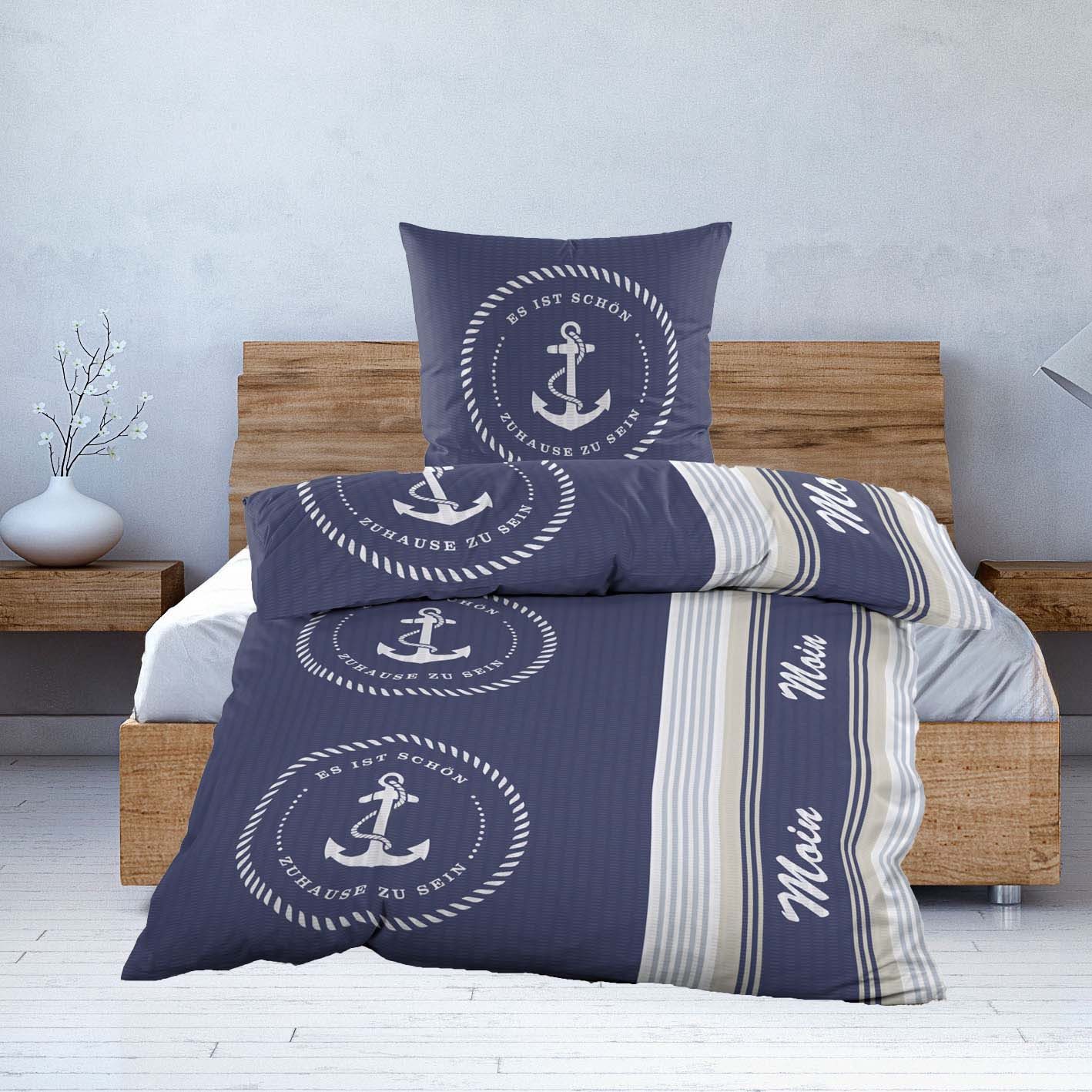 Casa Colori Bettwäsche Seersucker Bettwäsche 135x200 Moin, es ist schön zu Hause zu sein, Seersucker, 2 teilig, leicht