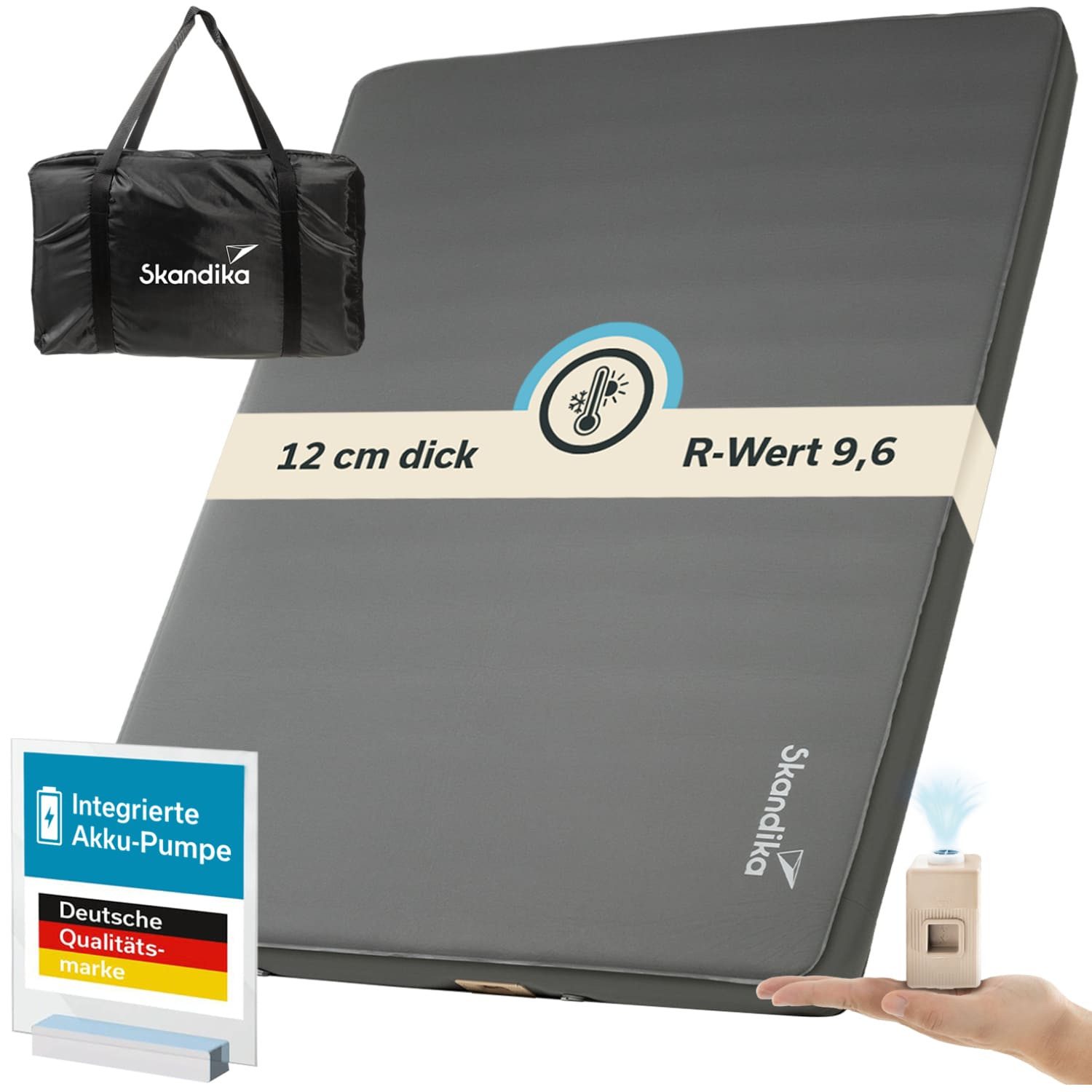 Skandika Isomatte Doppel-Isomatte Easy 3D Premium Flex, 2 Personen, inklusive USB-Pumpe, Maße 200×150×12cm, Max. Gewicht 300 kg, Integrierte Pumpe, Tragetasche