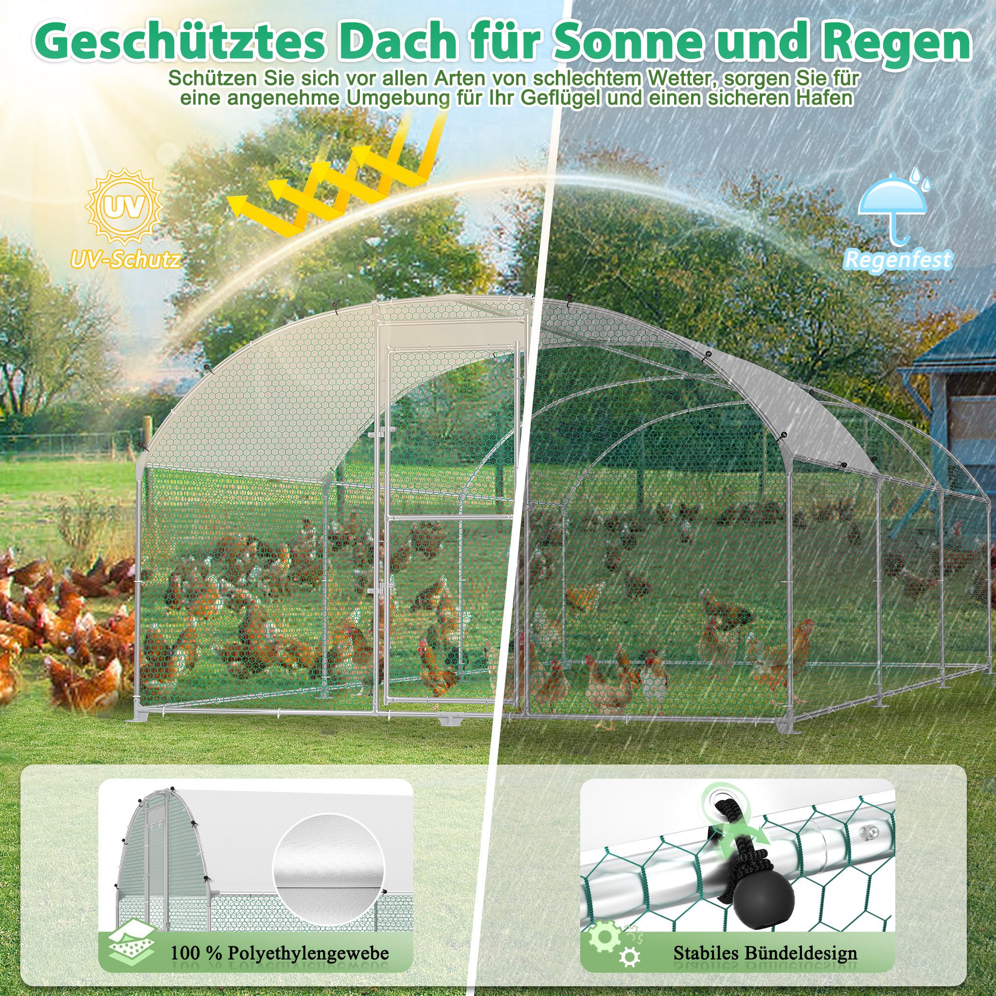 FIVMEN Hühnerstall Freilaufgehege Käfige Kleintierstall Verzinkter Stahl mit PE Dach, Hühnerkäfig Geflügelstall Voliere mit Schloss Kuppeldach Geflügelstall – Bild 4 von 5