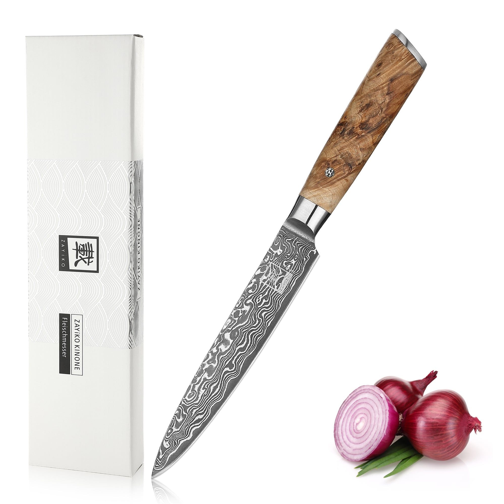 ZAYIKO Fleischmesser Kinone Damast Tranchiermesser Küchenmesser 17cm Klinge Wurzelholzgriff, schwarzer Damaststahl, VG10-Kern