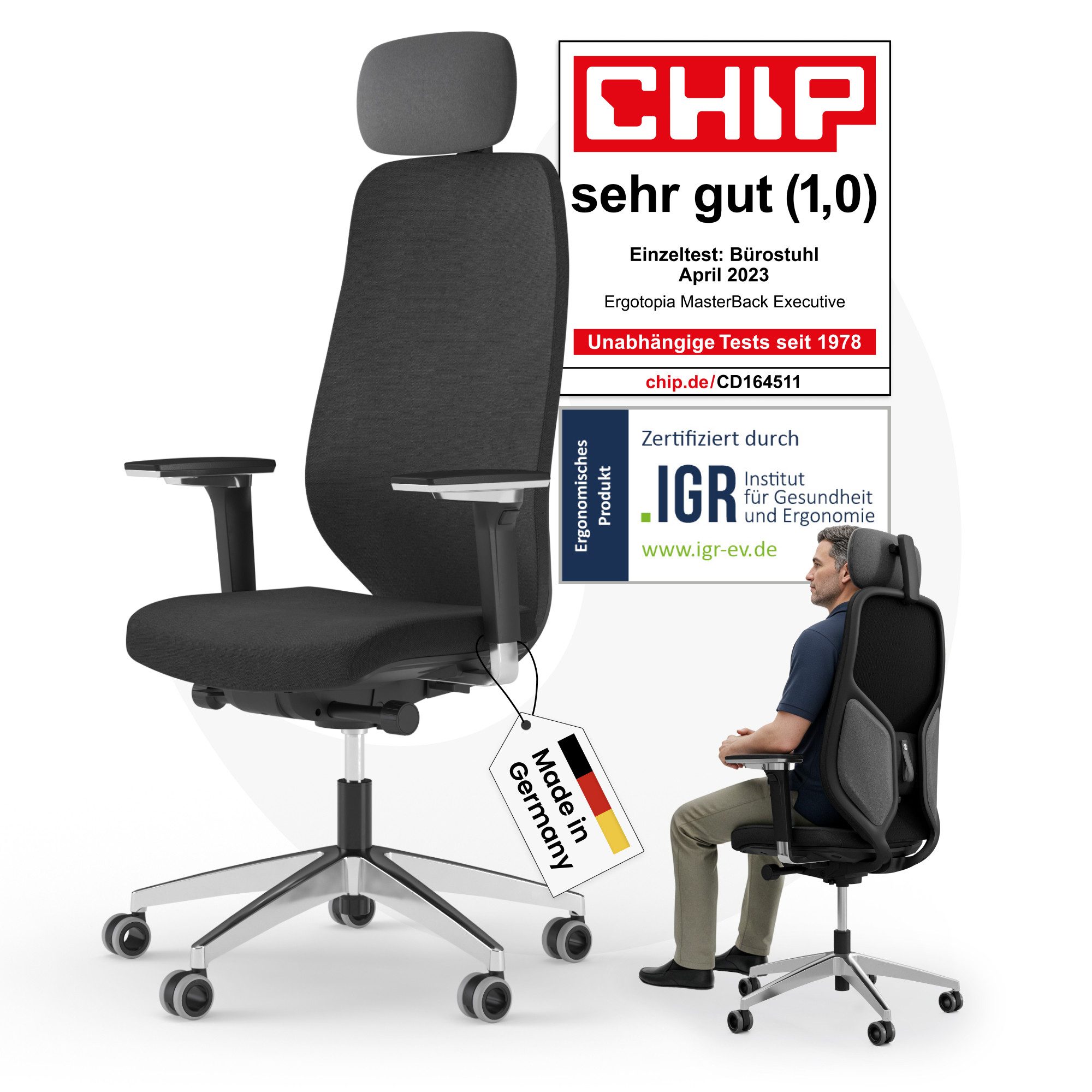Ergotopia Bürostuhl MasterBack ergonomischer Schreibtischstuhl mit Kopfstütze (bereits montiert)