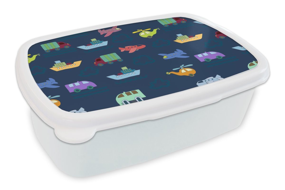 MuchoWow Lunchbox Muster - Flugzeug - Boot - Lastwagen - Junge - Kinder - Kinder, Kunststoff, (2-tlg), Brotbox für Kinder und Erwachsene, Brotdose, für Jungs und Mädchen weiß