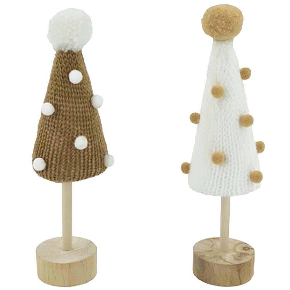 NOOR LIVING Dekoobjekt Weihnachtsbaum Deko Tannenbaum 2er Set (Weihnachts Deko Tischdeko, Christbaum), in Strickoptik mit Pompoms dekoriert