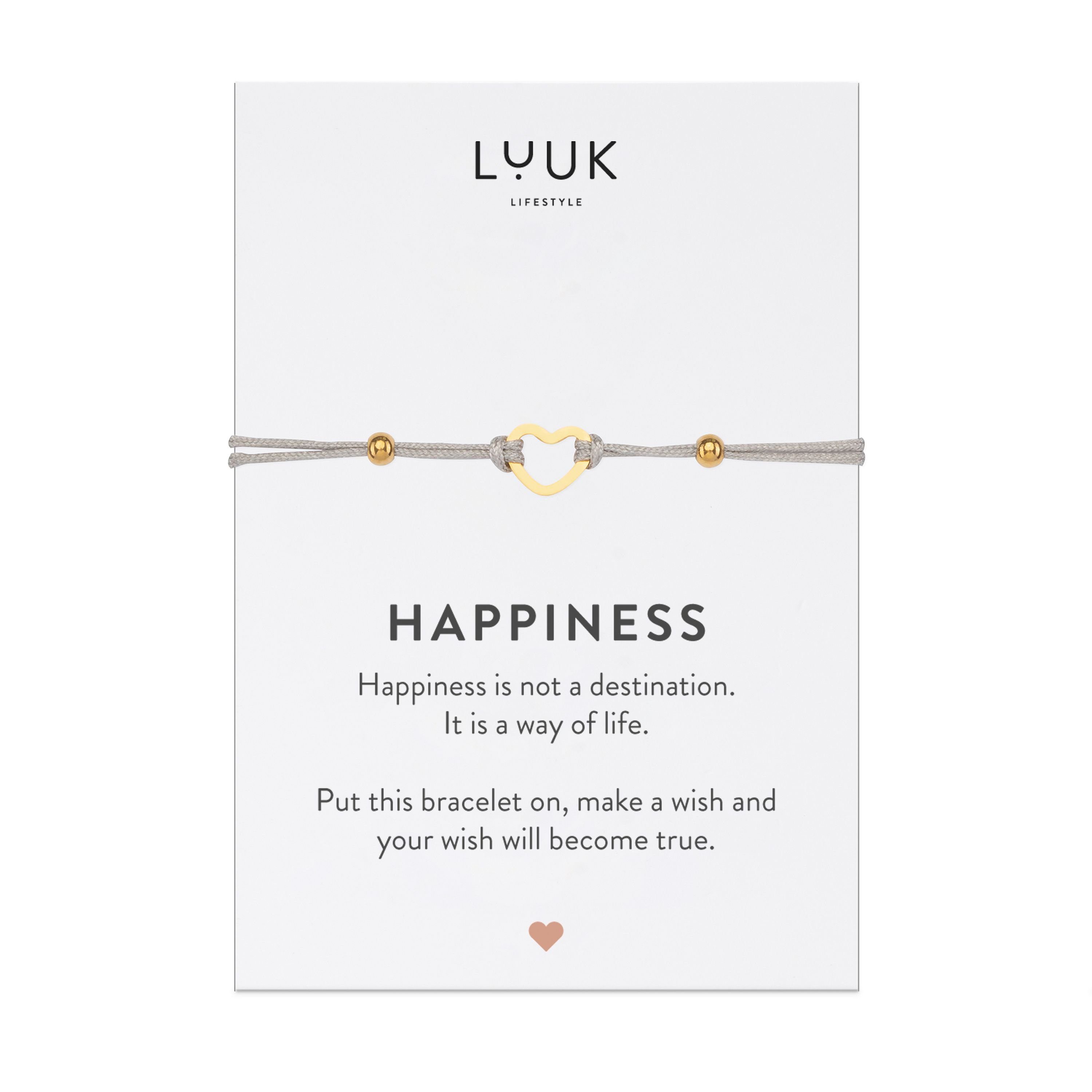 LUUK LIFESTYLE Freundschaftsarmband Herz, handmade, mit Happiness Spruchkarte Gold