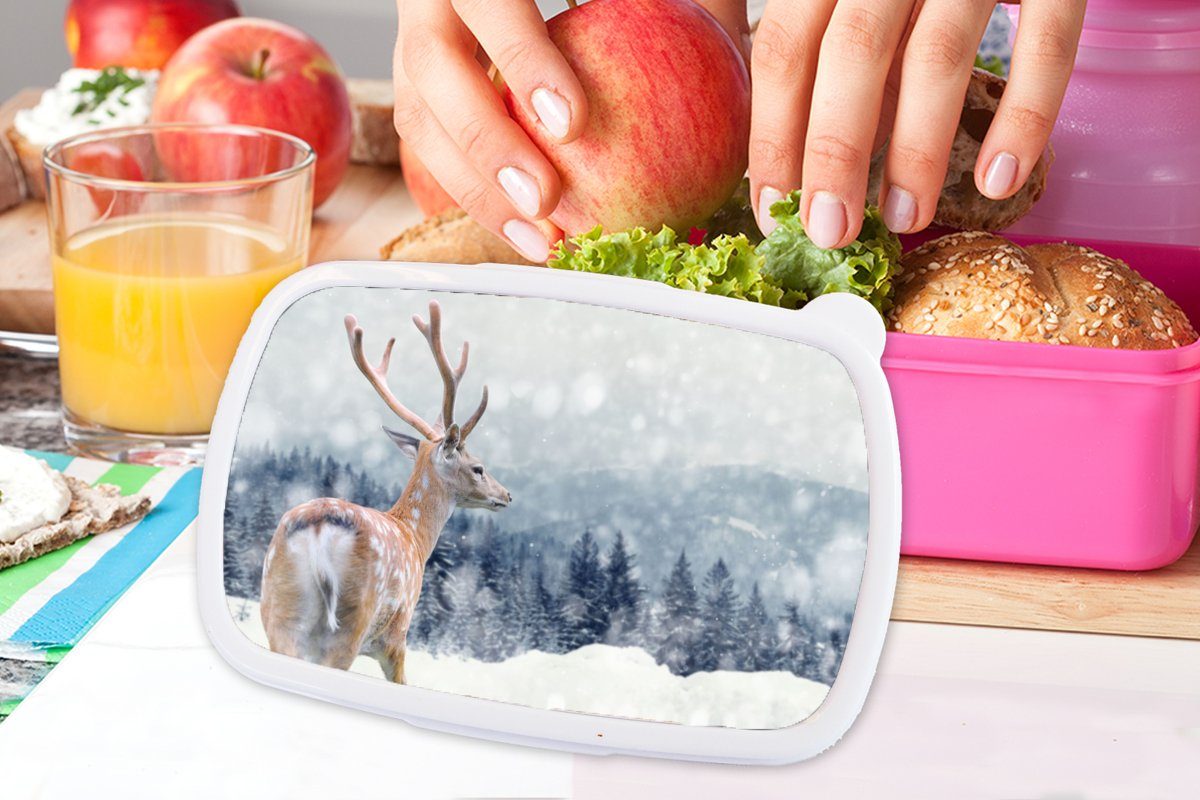 Kinder, für - Mädchen, Tiere, rosa Winter Kunststoff MuchoWow Lunchbox Brotdose Snackbox, - Kunststoff, Erwachsene, Brotbox (2-tlg), Hirsche