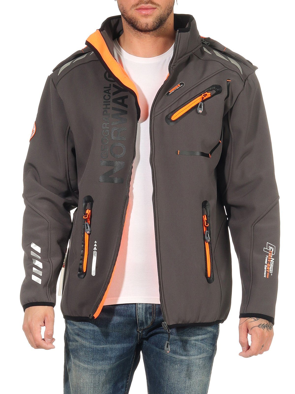 Geographical Norway Softshelljacke Herren Softshell Sport Outdoor Wander Trekking Jacke in Unifarbe, mit abnehmbarer Kapuze, mit Stehkragen