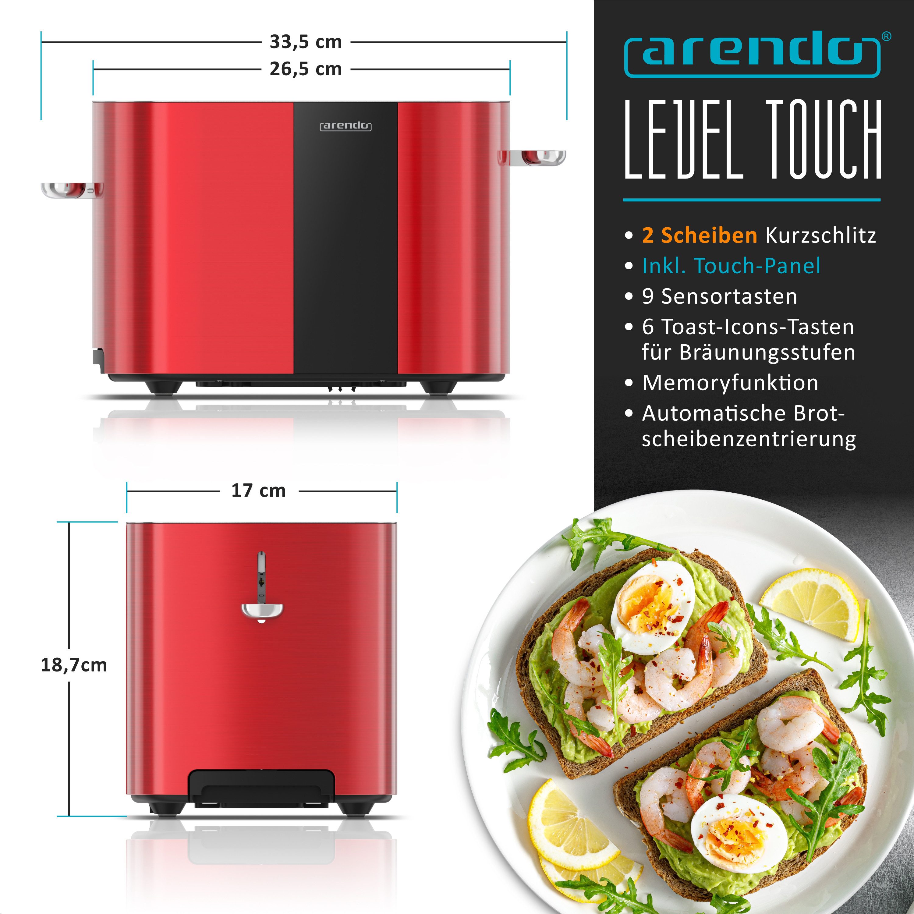 Arendo Toaster Edelstahl, Kurzschlitz, Touch Display, Restzeit & Bräunungsgradanzeige, 2 Schlitze, für 2 Scheiben, 800 W, Brötchenaufsatz, Wärmeisoliert, Toast-Symbole für Bräunungsgradauswahl