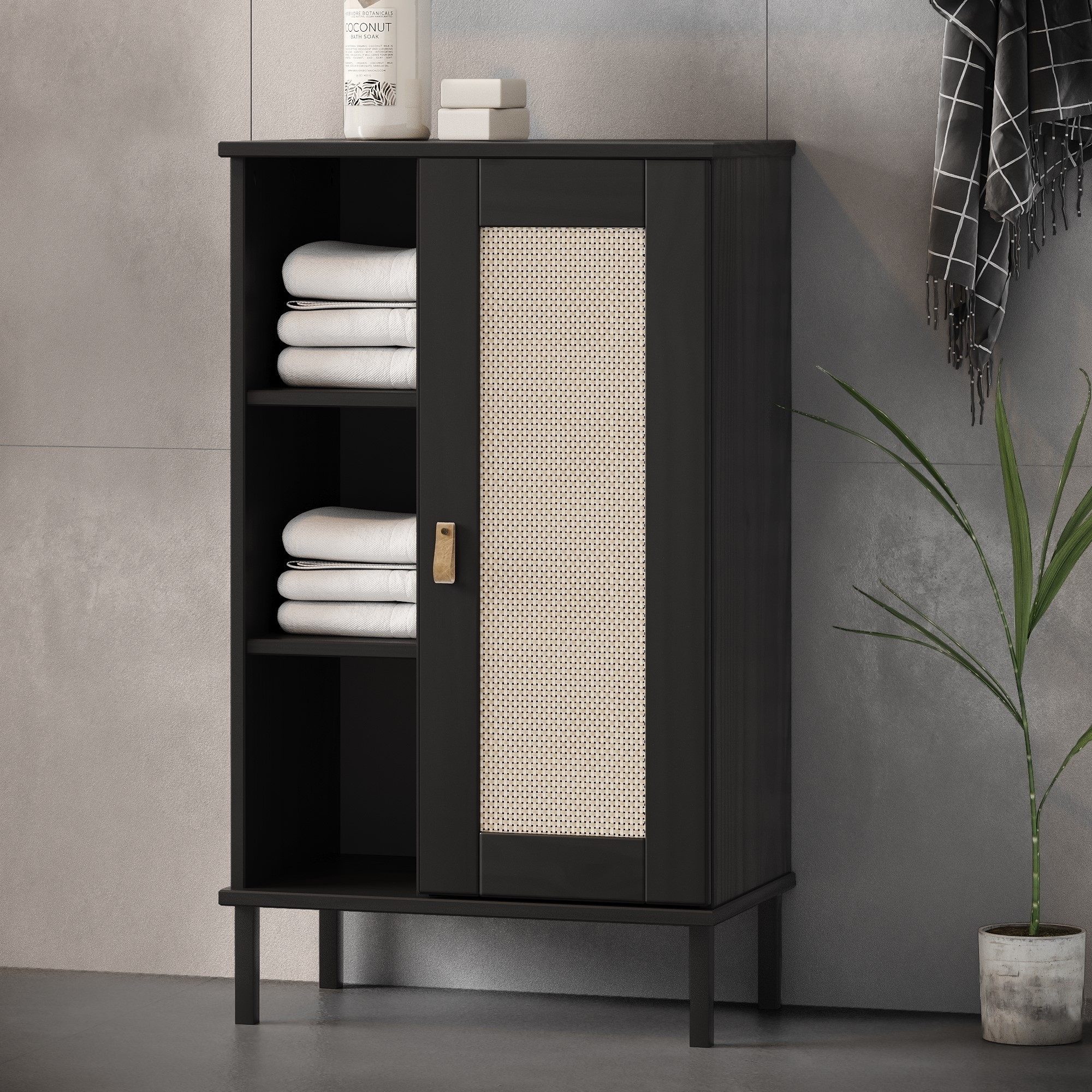 G+K Möbelvertriebs GmbH Badkommode 1 Tür, 4 Böden, Kiefer massiv schwarz lackiert - 52x90x32 (BxHxT)