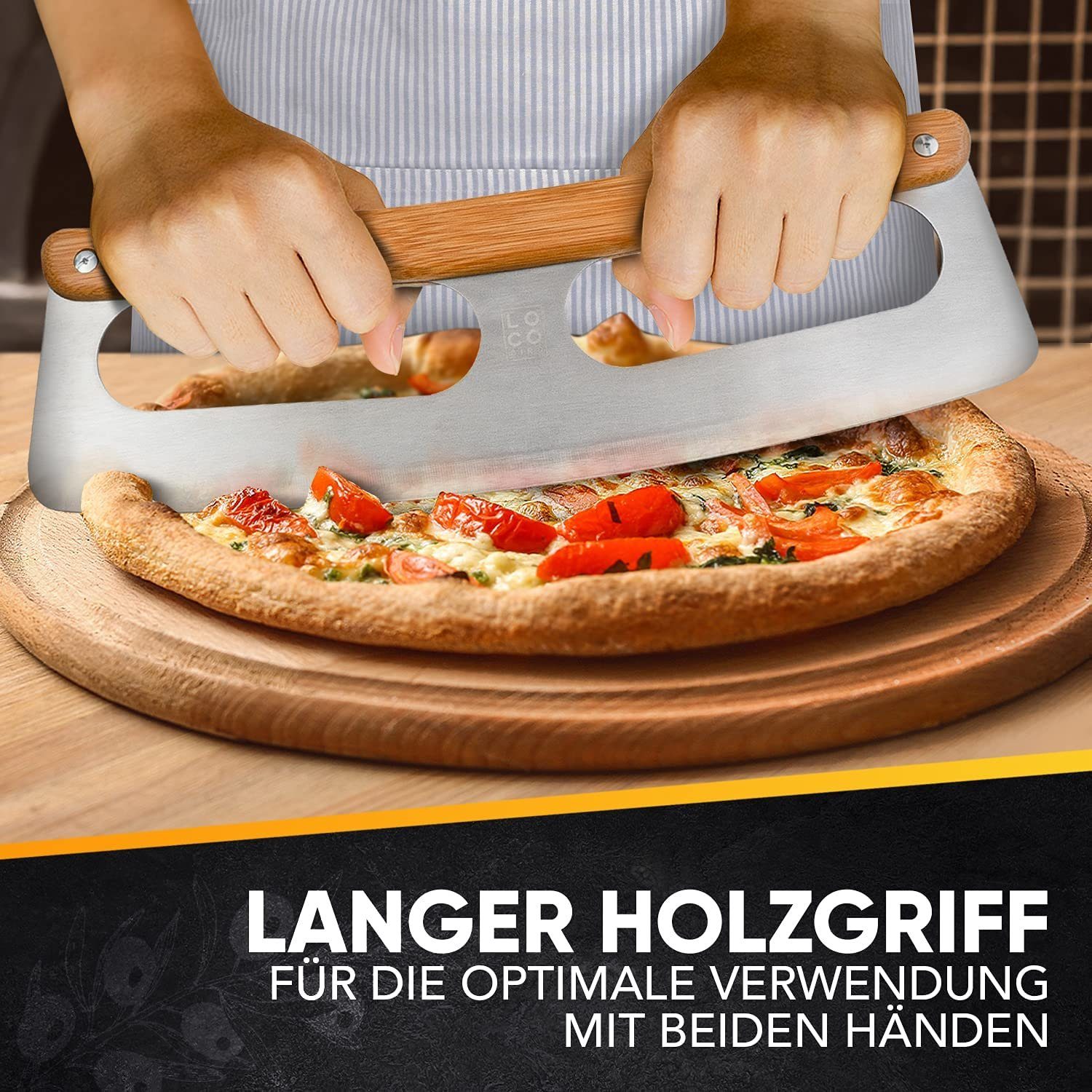 Loco Bird Pizzaschneider aus Edelstahl mit Bambusgriff und mit Klingenschutz, Allzweck-Wiegemesser: scharfe Klinge, robuster Griff - Edelstahl – Bild 5 von 5
