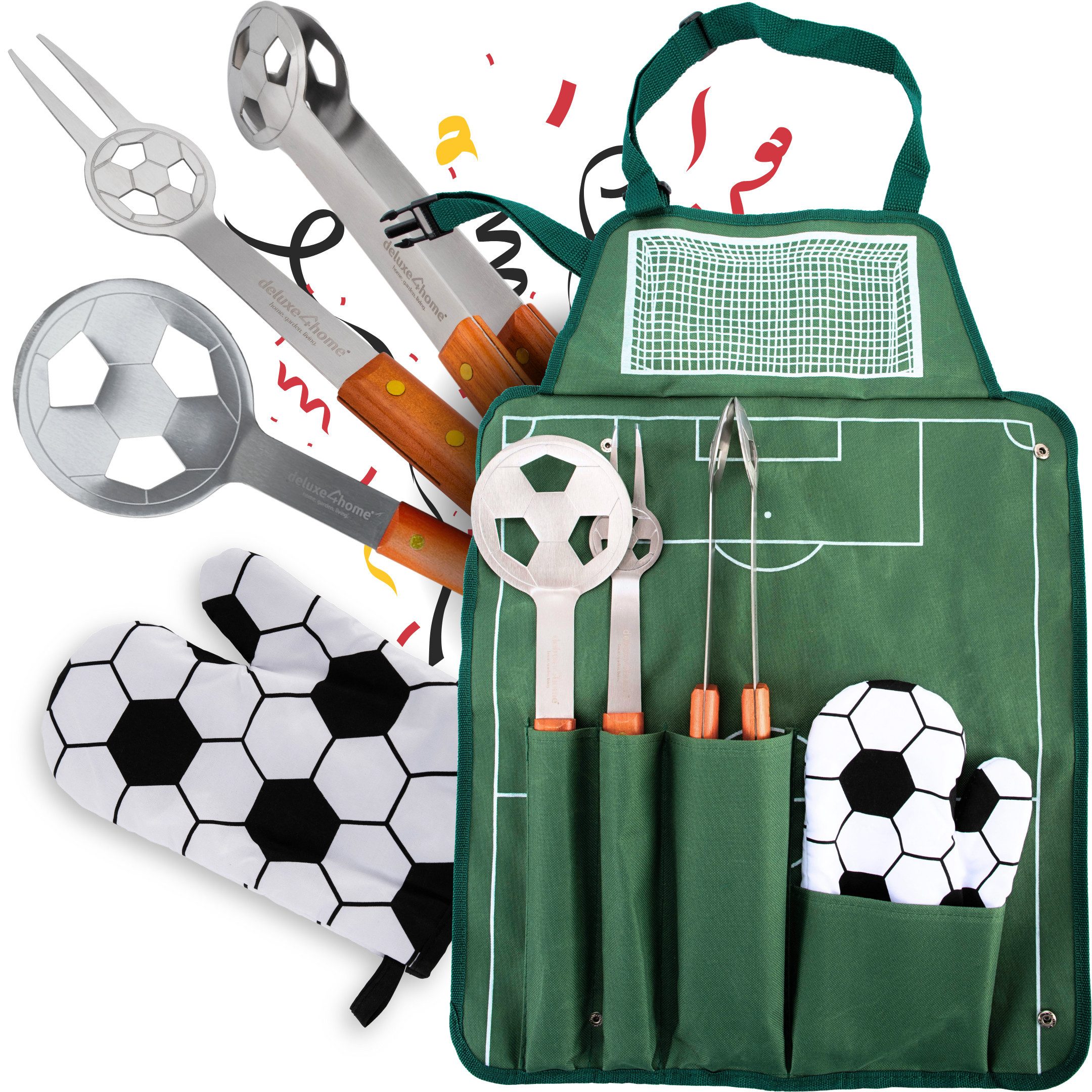 deluxe4home Grillbesteck-Set Fußball Grillbesteck I Grillset BBQ Tools mit Grillschürze, (5 tlg., Set), inkl. Grillzange, Fleischgabel, Grillwender und Topfhandschuh