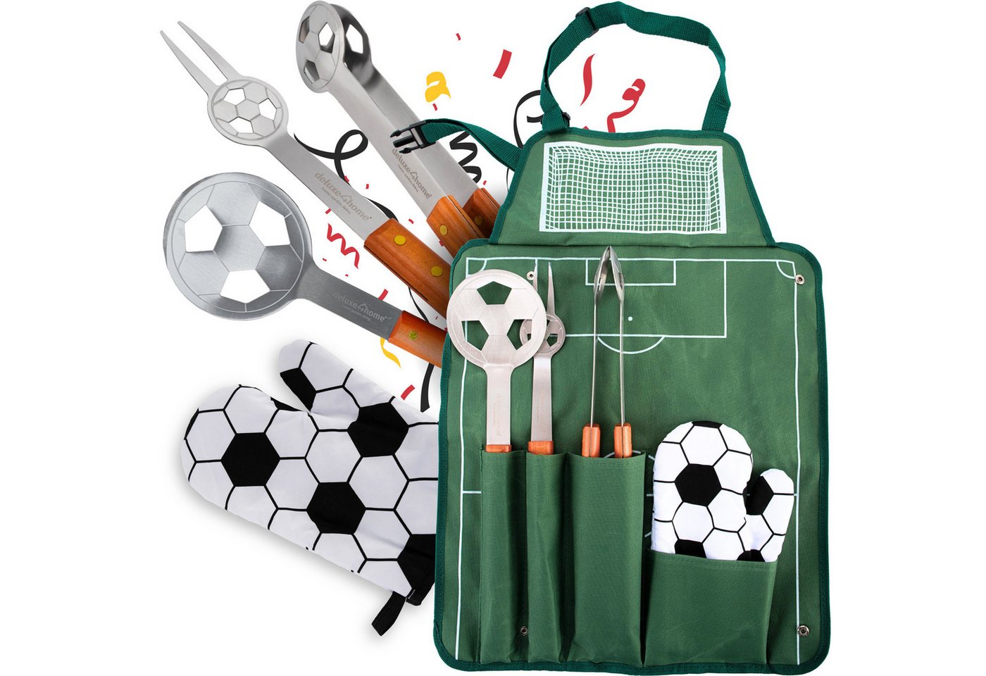 deluxe4home Grillbesteck-Set Fußball Grillbesteck I Grillset BBQ Tools mit Grillschürze, (5 tlg., Set), inkl. Grillzange, Fleischgabel, Grillwender und Topfhandschuh