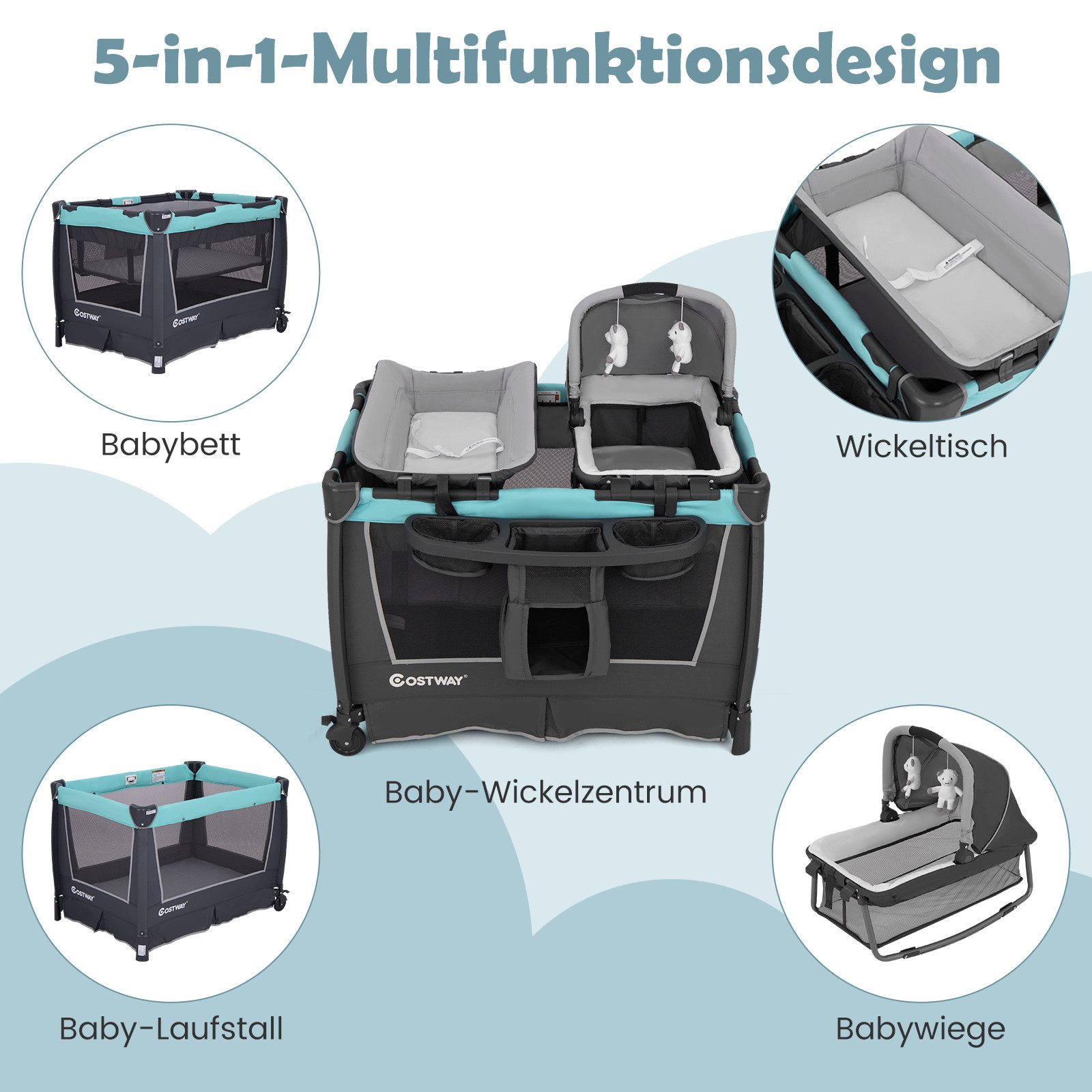 COSTWAY Baby-Reisebett, 1-tlg., Babybett, Tragbares Beistellbett, mit Wickelauflage, Tragetasche