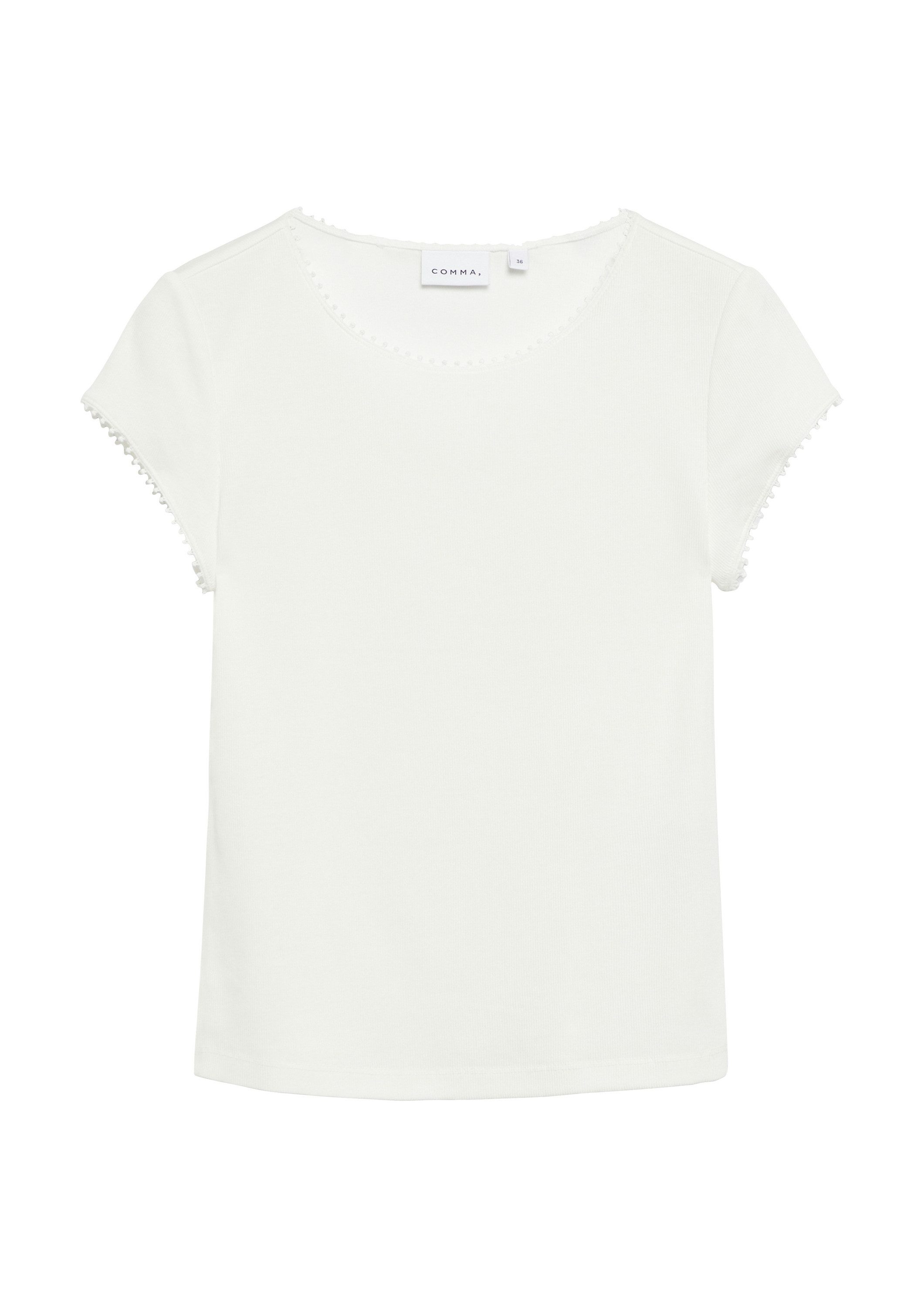 comma Kurzarmshirt T-Shirt Geripptes Rundhalsshirt mit Zierborte