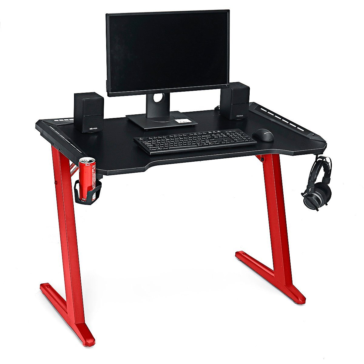 Insma Gamingtisch (Computertisch Schreibtisch PC Bürotisch, Z-förmig mit  LED Licht Kopfhörerhaken Getränkehalter)