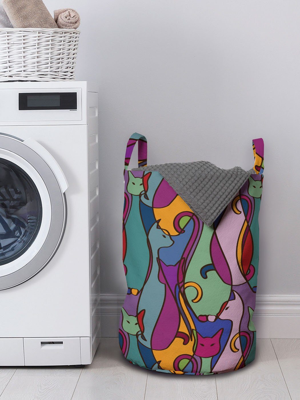 Abakuhaus Wäschesäckchen Wäschekorb mit Griffen Katze afrikanische für Kordelzugverschluss geometrische Waschsalons
