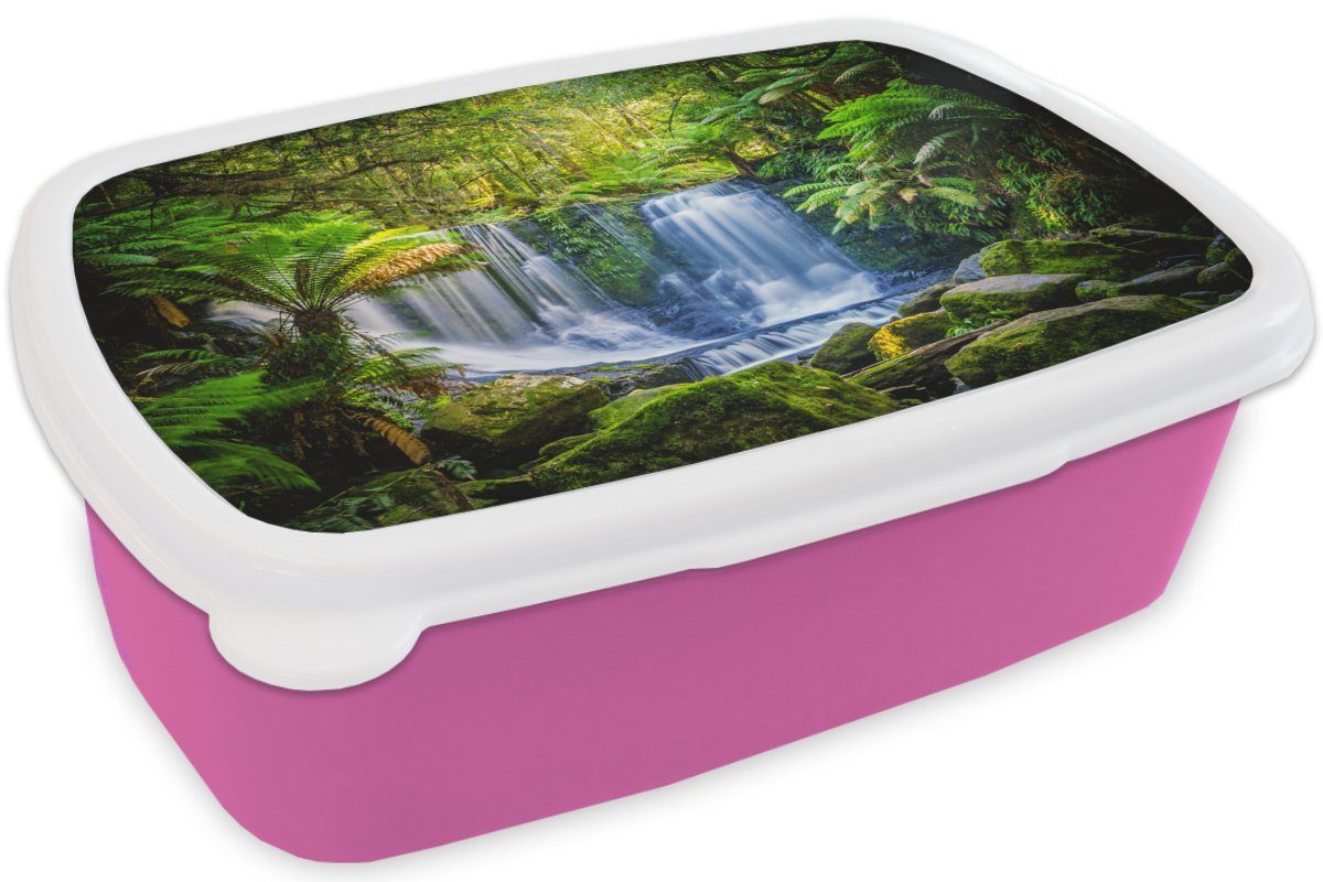 Pflanzen Mädchen, Snackbox, - - Natur, MuchoWow für - Kunststoff, Kunststoff (2-tlg), Brotbox Kinder, Lunchbox rosa Australien Erwachsene, Dschungel Wasserfall - Brotdose