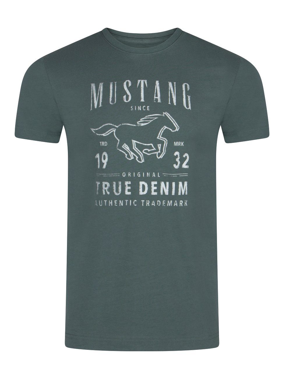 MUSTANG T-Shirt Herren Printshirt Regular Fit (1-tlg) Kurzarm Tee Shirt mit Rundhalsausschnitt aus 100% Baumwolle Balsam Green (1014003-6390)
