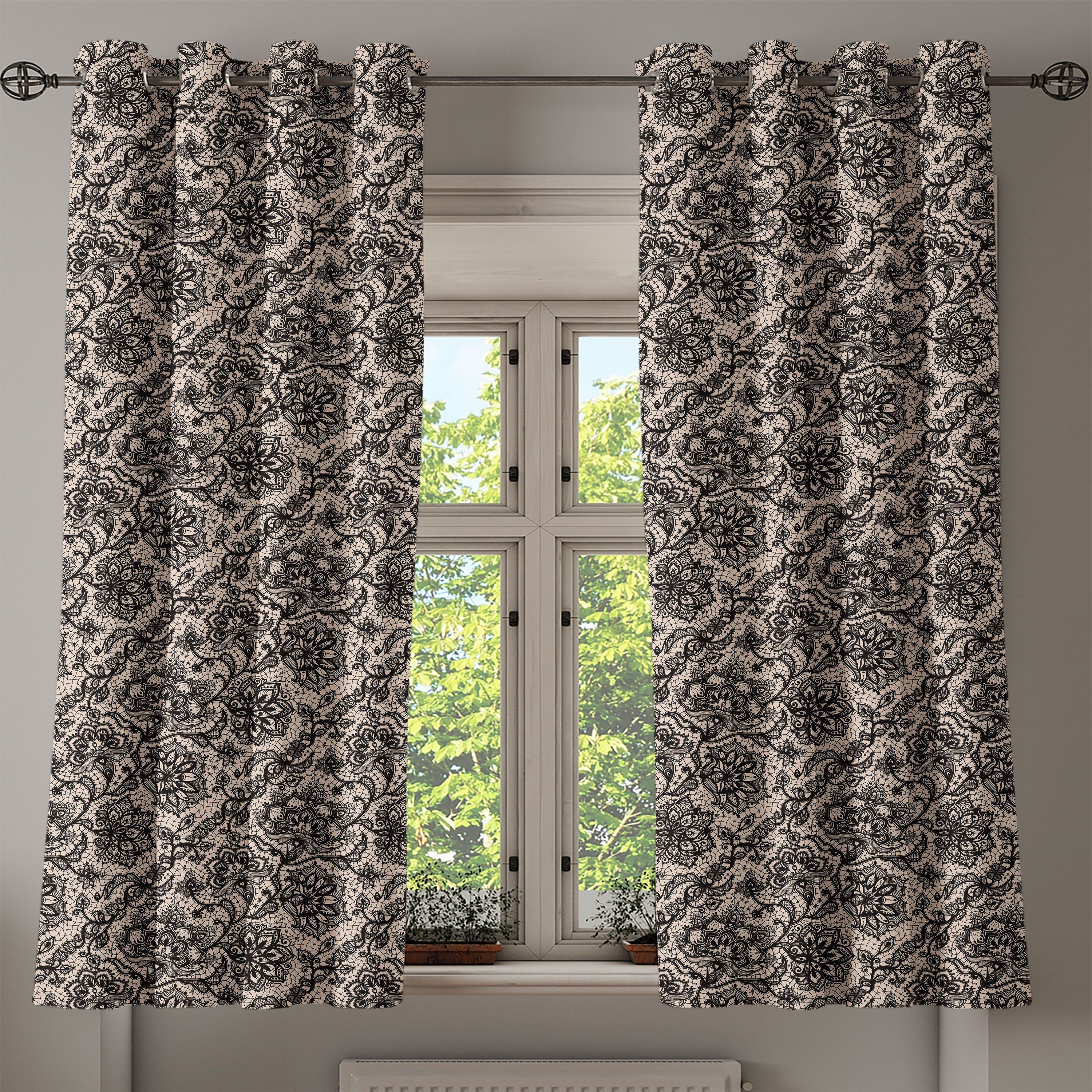 Wohnzimmer, Schmetterlinge Abakuhaus, für Gardine Dekorative Blumen Spitze Schlafzimmer 2-Panel-Fenstervorhänge gotisch