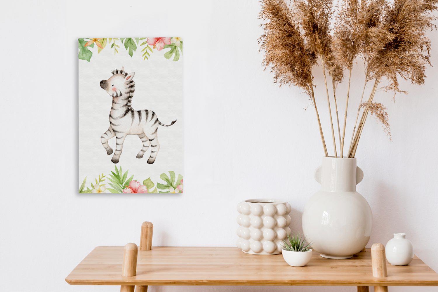 fertig Leinwandbild - Leinwandbild Zackenaufhänger, OneMillionCanvasses® - inkl. - St), cm Gemälde, 20x30 Dschungel bespannt Zebra Blumen Pflanzen, (1