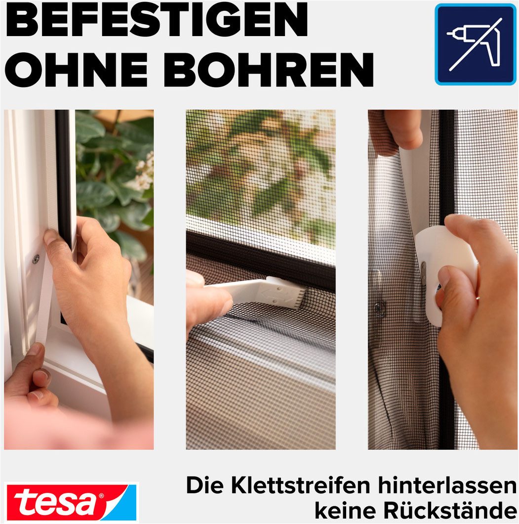 tesa Insektenschutz-Fensterrahmen Insect Stop Comfort Fliegengitter für Fenster - 1.0 m : 1.0 m, (Packung, 1-St., Fliegennetz, Klettband, Andrück und Schneidehilfe), Insektenschutzgitter - Fliegenetz ohne Bohren -zuschneidbar