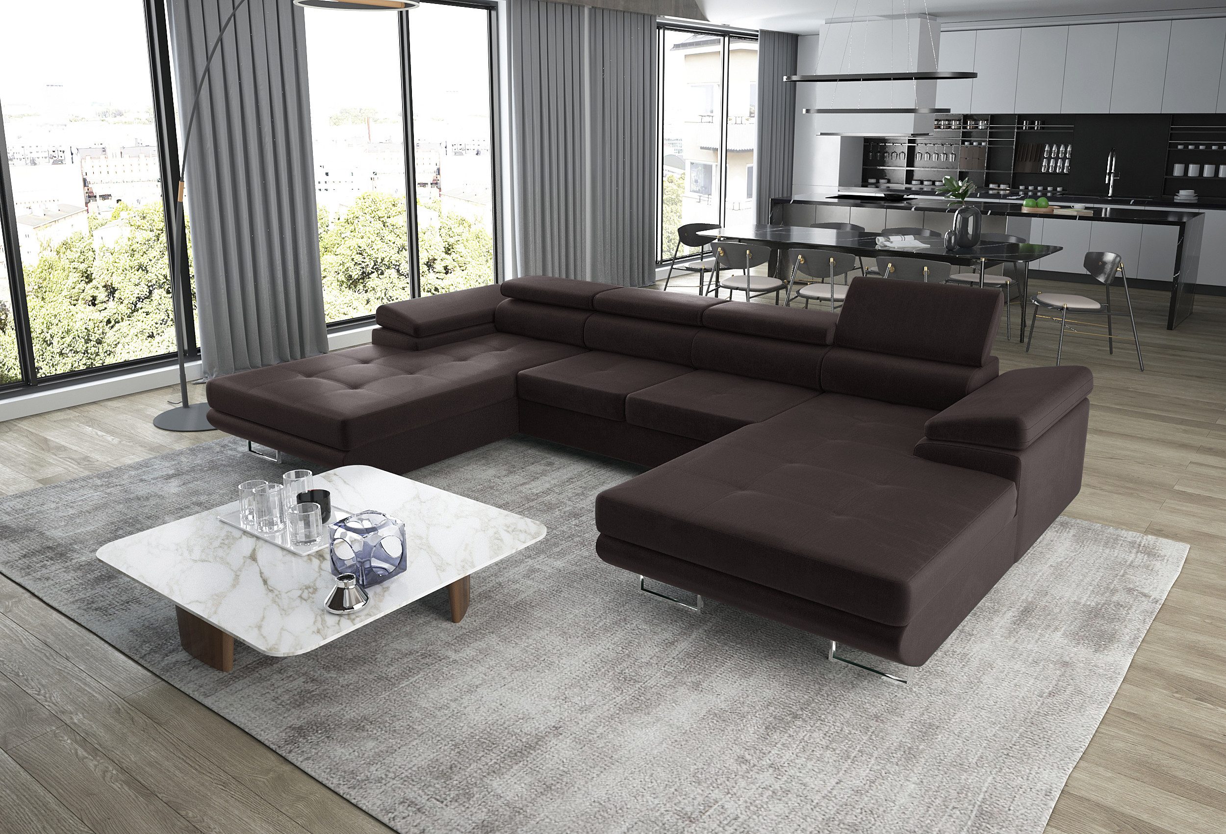 thematys Ecksofa ALVARO U 355 x 162cm mit Schlaffunktion & Bettkasten –, U-Sofa mit verstellbaren Kopfstützen, Samt (Monolotith), oder Cord (Poso) - U-Form, XL-Wohnlandschaft, 355 cm breit