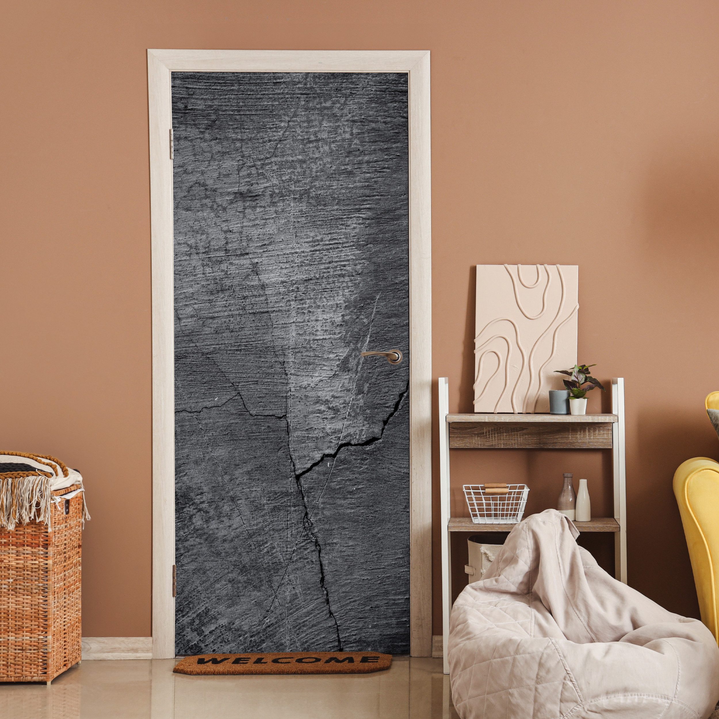 MuchoWow Türtapete Beton - Schwarz - Riss, Matt, bedruckt, (1 St), Selbstklebende Tapete, Folie für Möbel, 75x205 cm