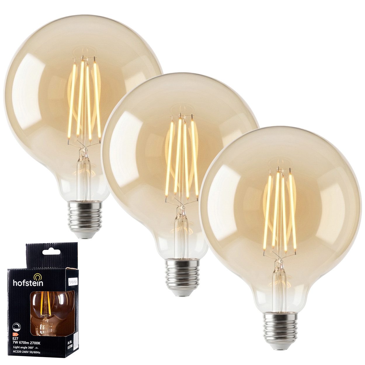 hofstein LED-Leuchtmittel 3er Set Glühbirne Warmweiß dimmbar 7 Watt, E27, 2700 Kelvin, 670 Lumen, Globe Vintage, Filament, Amber