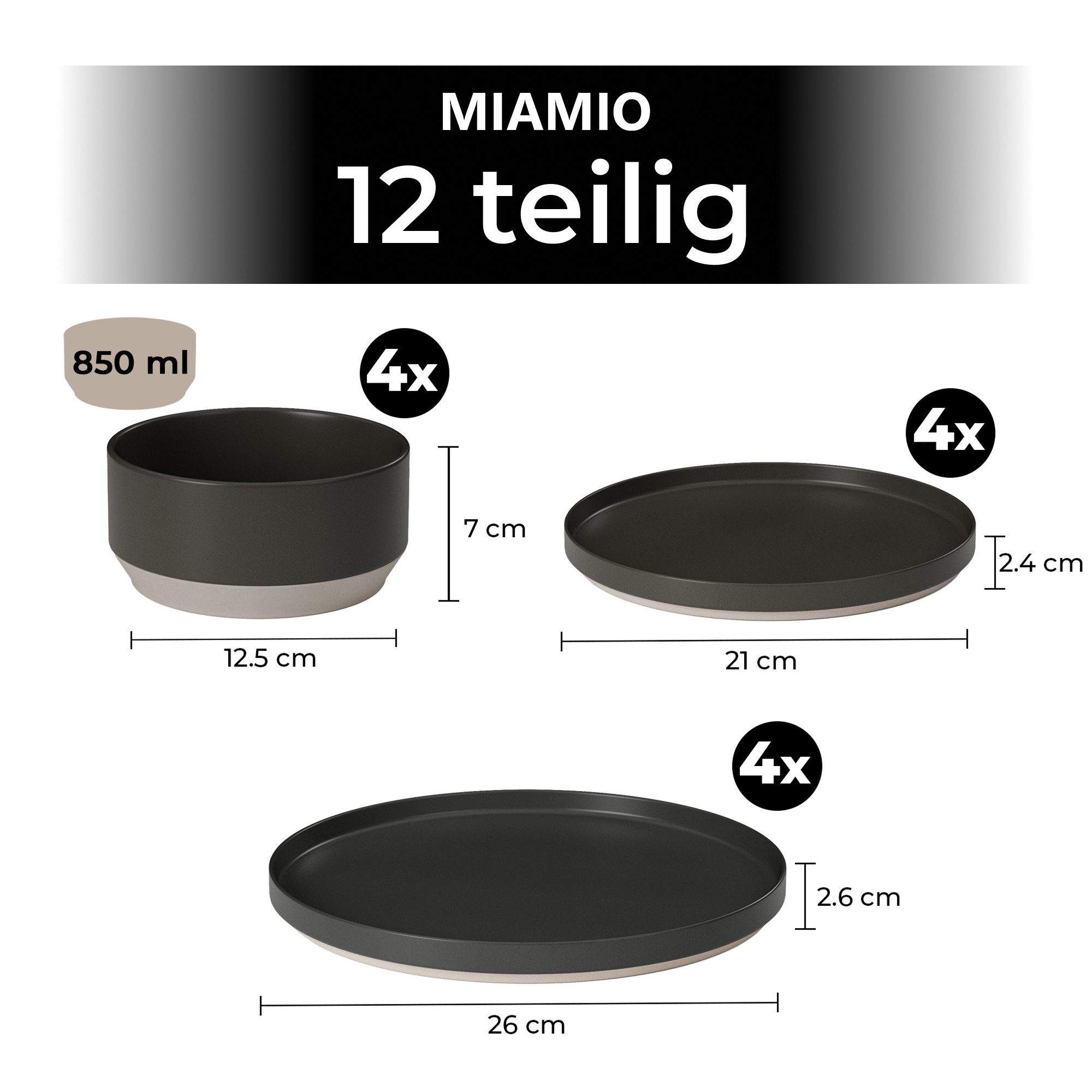 MiaMio Tafelservice Sierra Basalt (12-tlg), 4 Personen, Keramik, mit 850 ml Schüsseln