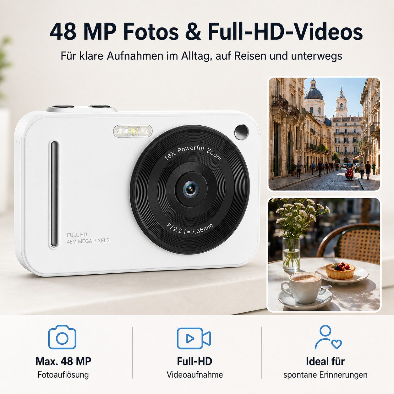 Tekoo Digitalkamera für Einsteiger, 48MP Full HD inkl. 32GB Karte & 16x Zoom Kompaktkamera (HD Autofokus Objektiv, 48 MP, 1x opt. Zoom, inkl. 8-teiliges Komplettset inklusive 32GB Speicherkarte, 48MP Auflösung, Inklusive 32GB Speicherkarte)