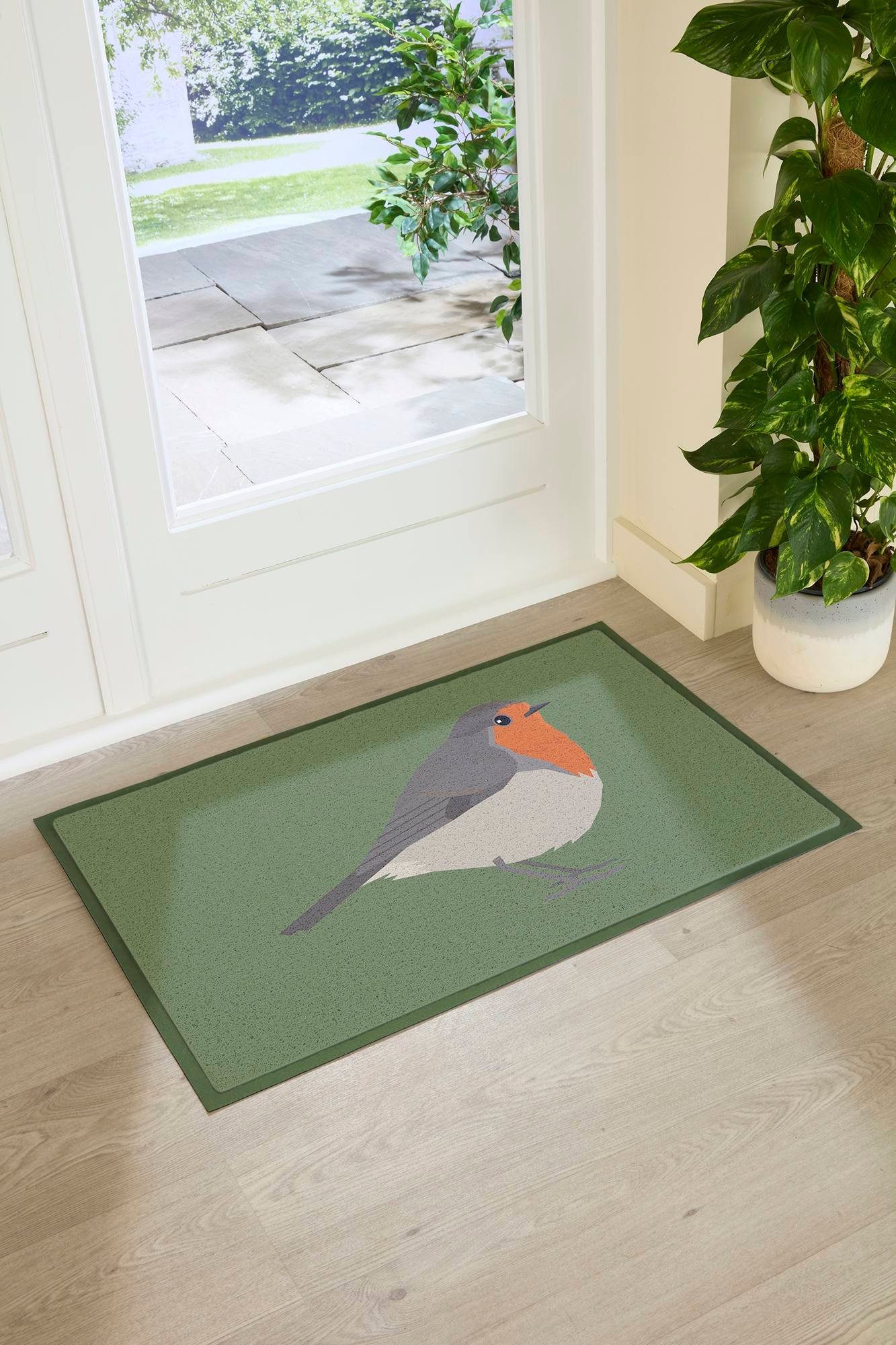 Artsy Mats Fußmatte Grüne Fußmatte mit Rotkehlchen-Motiv für Innen & Außen (90 x 60 cm)