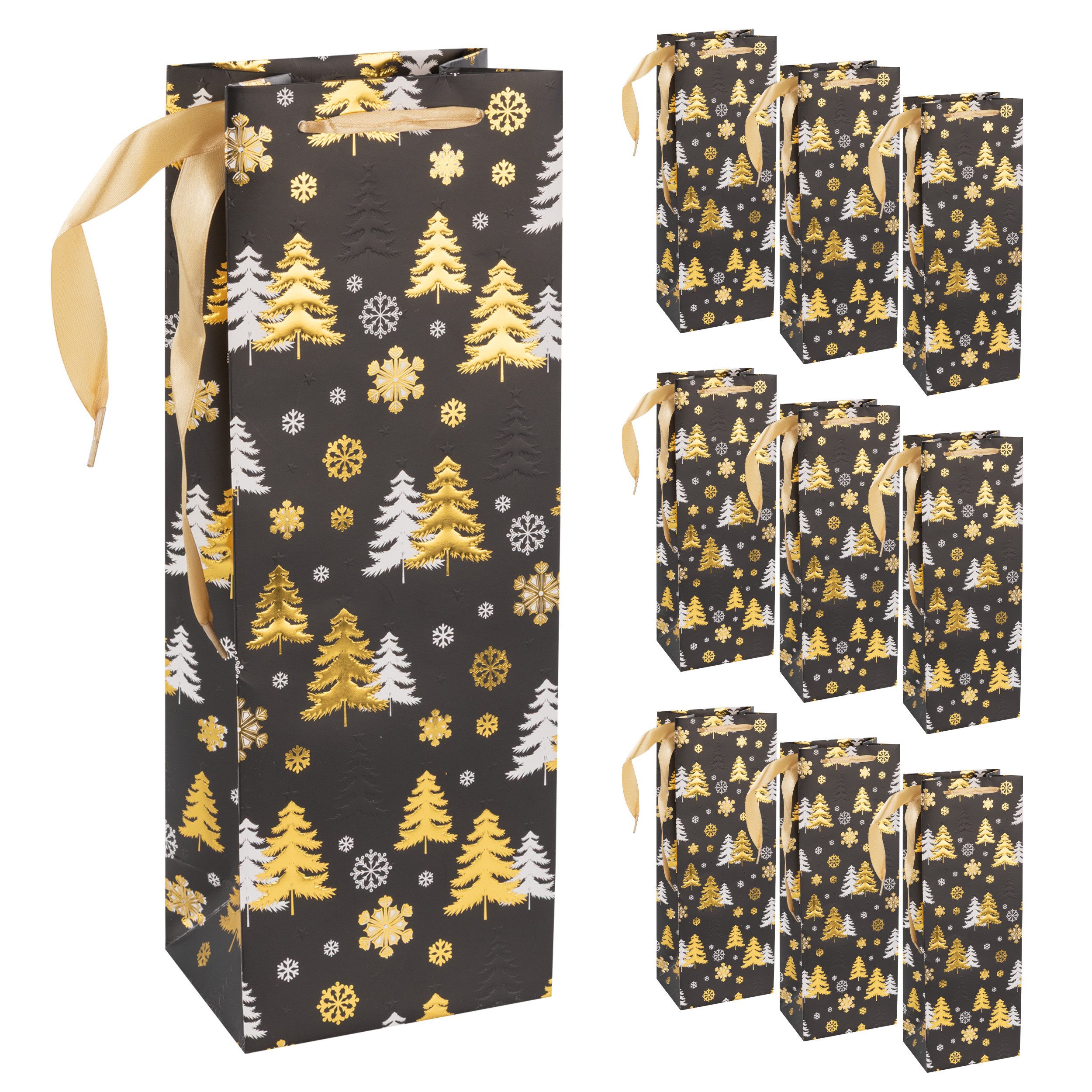 Idena Geschenkpapier Idena Bundle Flaschentaschen Tannenbäume schwarz/gold 35x12,5x9cm 10