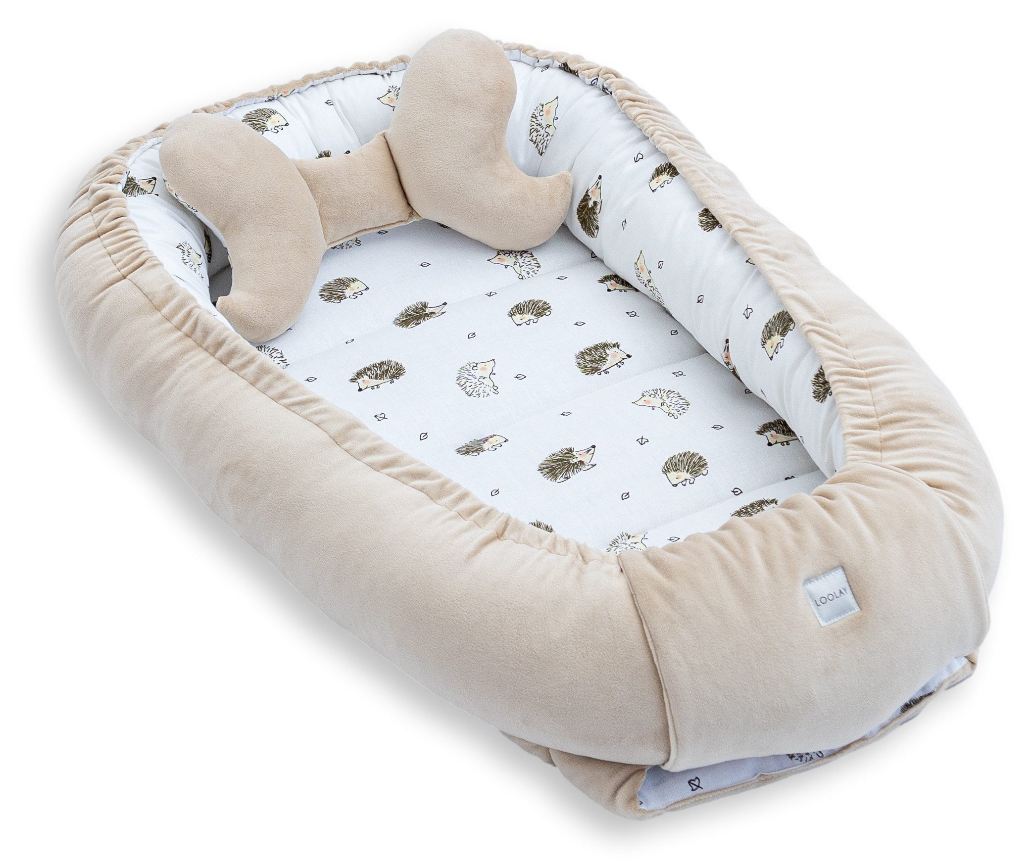 Loolay Kuschelnest BABYNEST + Kissen Premium Babyausstattung - Baumwolle & Samt Velours, (MUSTER: BEIGE Samt Velour/ Igel Braun, 2-tlg., Liebevoll handgefertigt Nestchen! Geborgenheit Komfort für Neugeborene), Premium Ausstattung - 100% Europäische Stoffe und Kleinserien-Nähen!