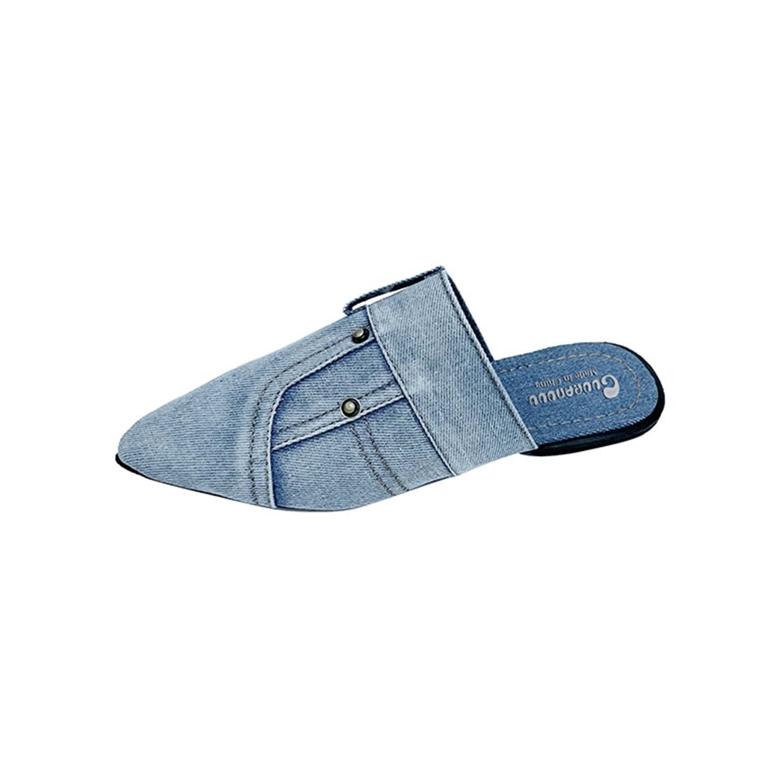 Daisred Damen Denim Flats Mode Sandalen Pantoffel Hausschuhe Spitz Blau