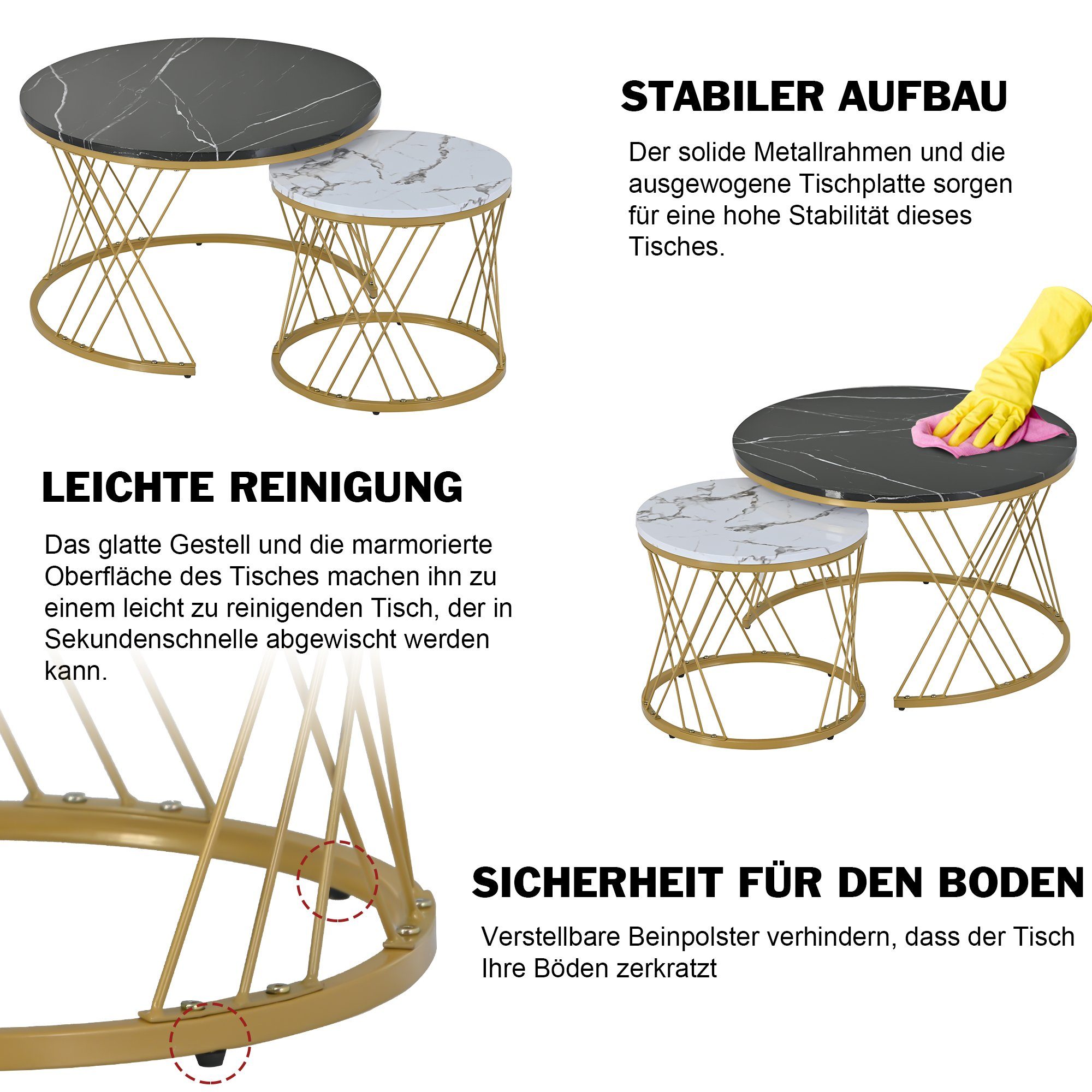 Merax Couchtisch Set rund Satztisch Wohnzimmertisch 1,5 cm Platte, hochglanz Wohnzimmertisch Marmoroptik, Beistelltisch