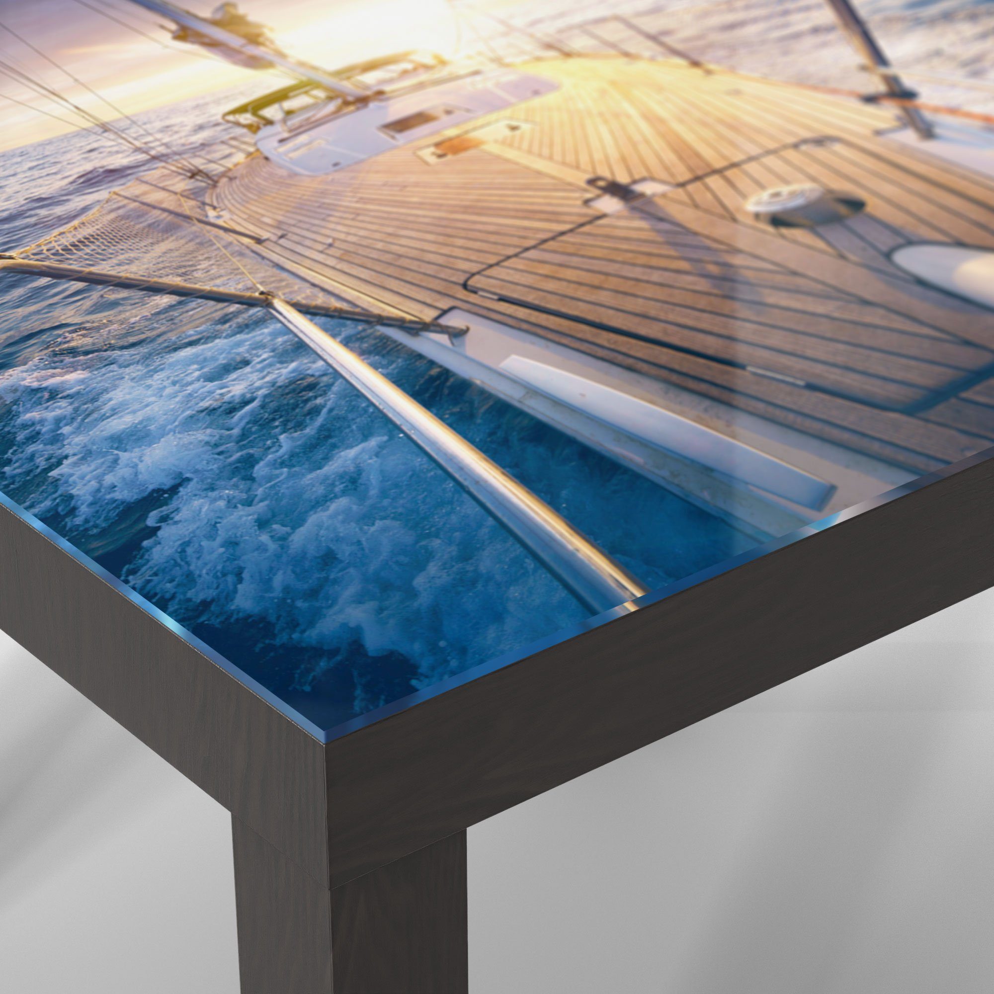 DEQORI Couchtisch 'Segelboot jagt modern Beistelltisch Abendsonne', Glastisch Schwarz Glas