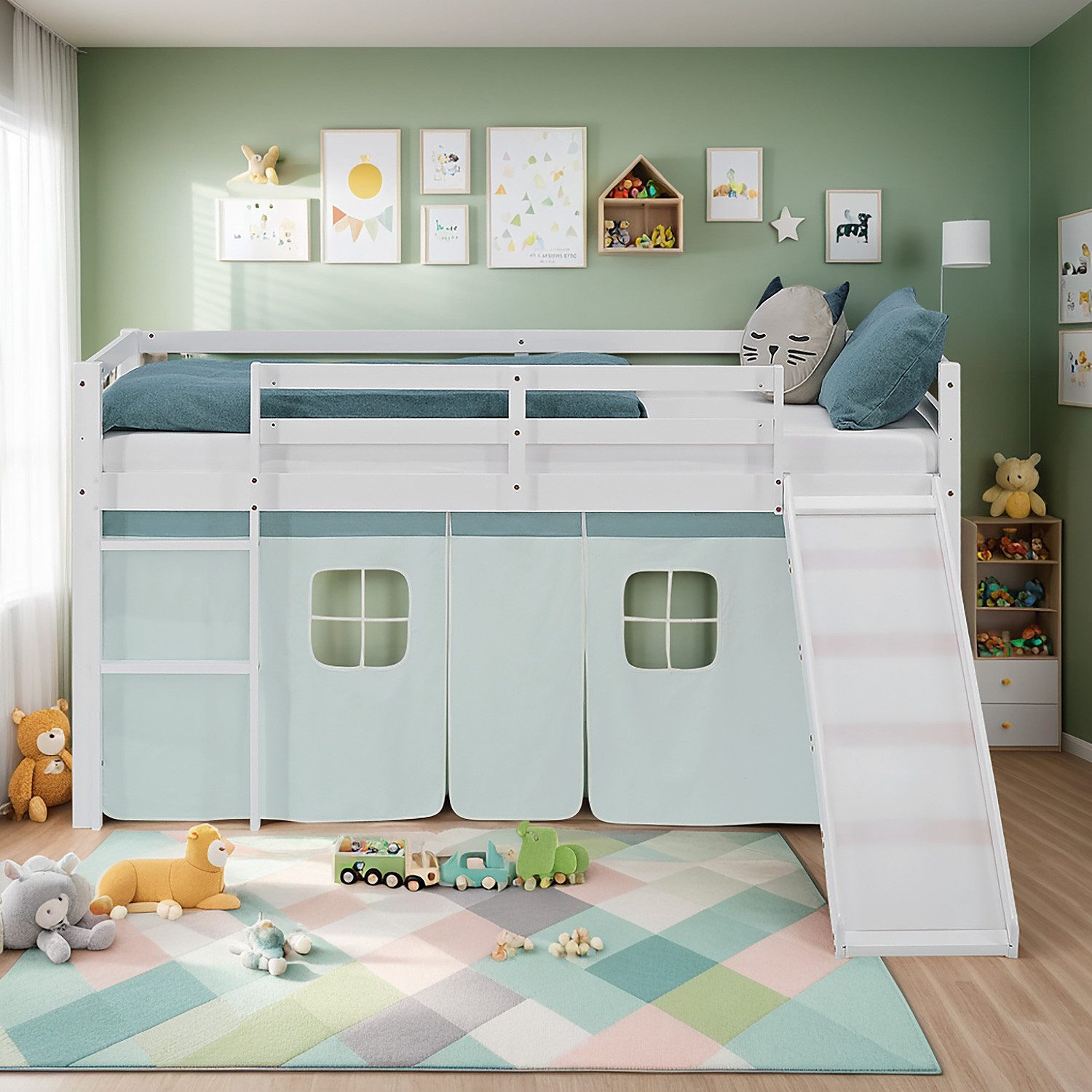 Homestyle4u Hochbett Kinderbett 90x200 Spielbett Kiefer Jungen Weiß Grün Mint Vorhang (Set, mit Rutsche, Spielbett) mit Rausfallschutz, Junge