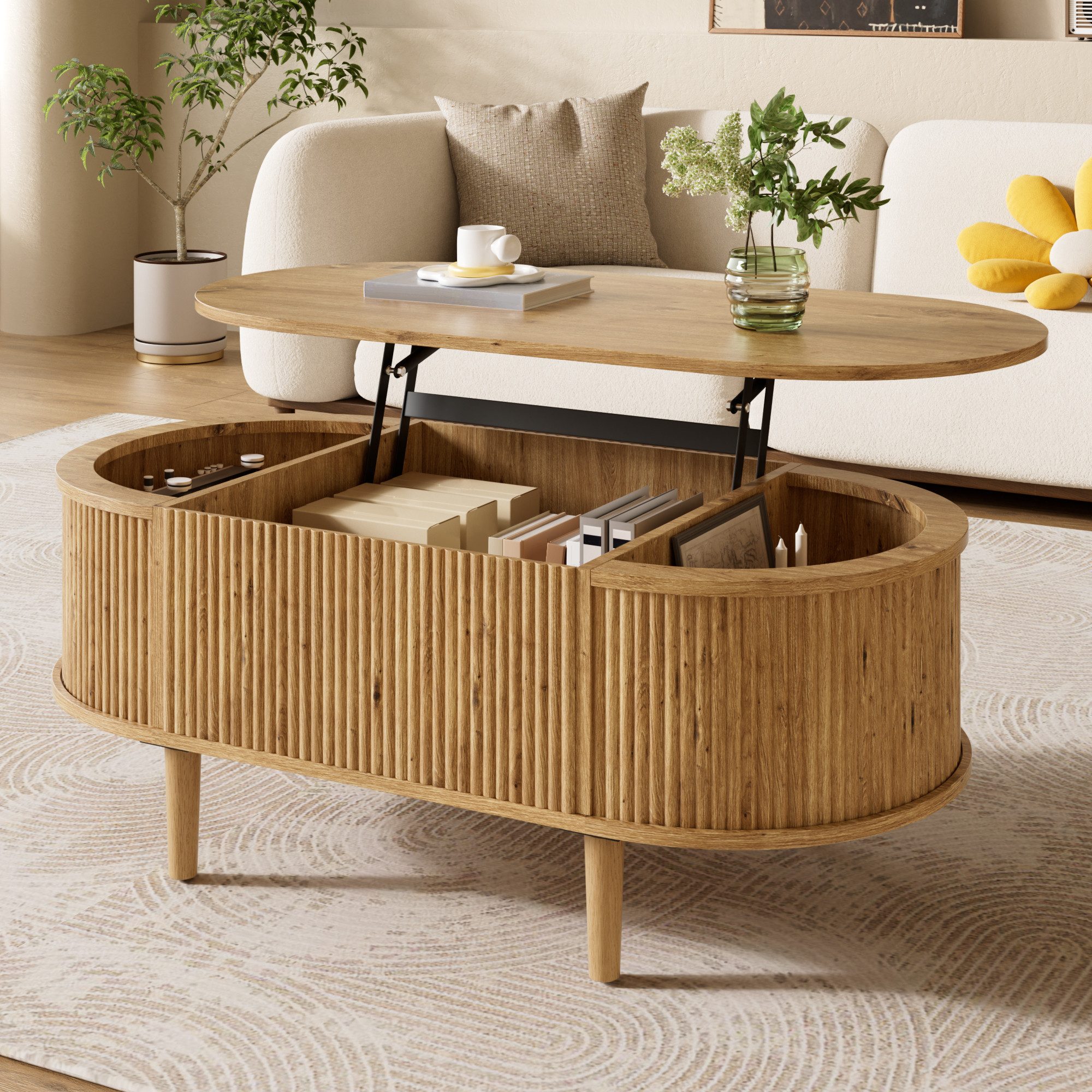 Merax Couchtisch anhebbarer Sofatisch oval Beistelltisch mit Liftfunktion & Holzoptik (100 x 48 x 54,5 cm, 1-St), Wohnzimmertisch mit verstecktem Stauraum, 3 Ab – Bild 4 von 5
