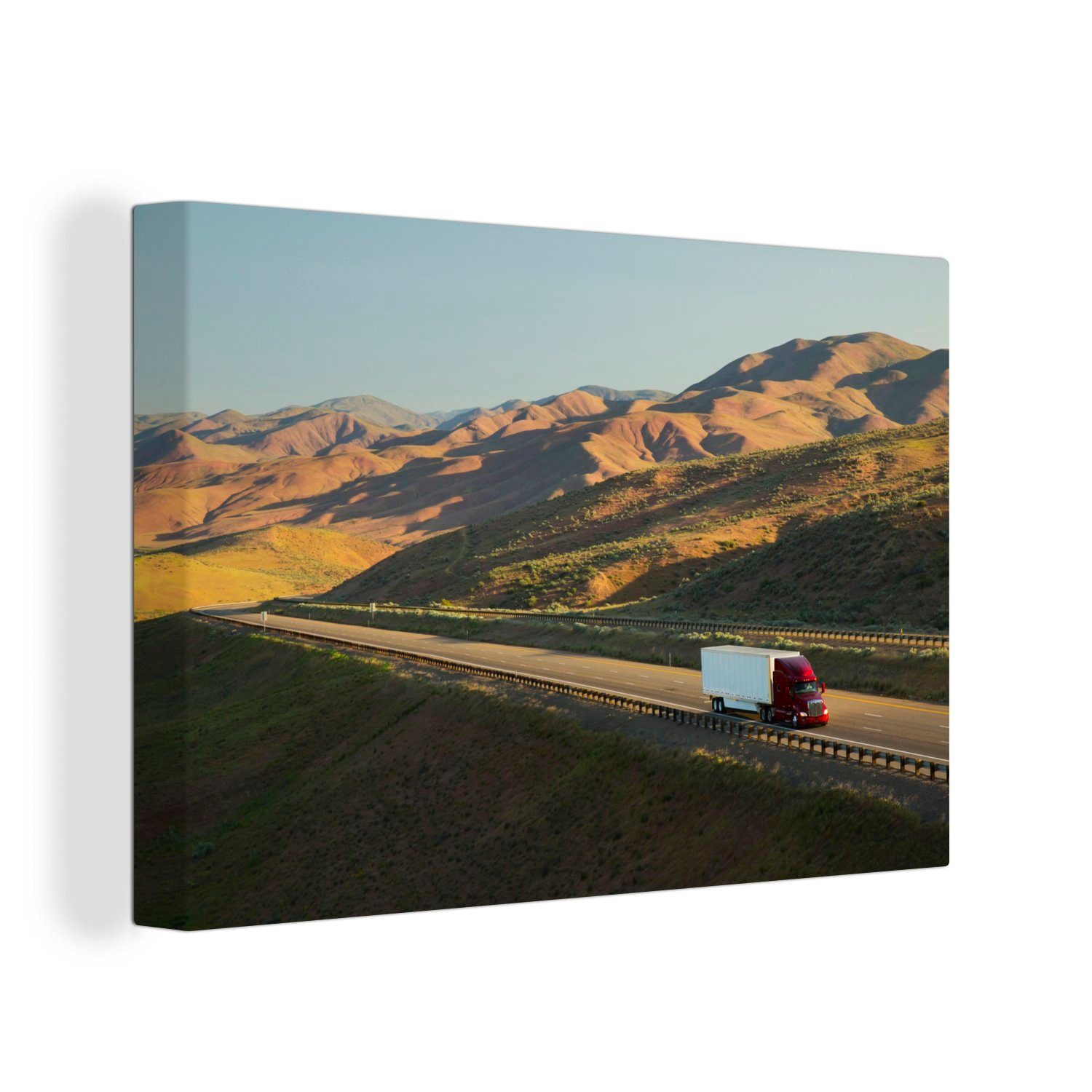 OneMillionCanvasses® Leinwandbild Weißer und roter Lastwagen in einer hügeligen Gegend, (1 St), Wandbild Leinwandbilder, Aufhängefertig, Wanddeko, 30x20 cm