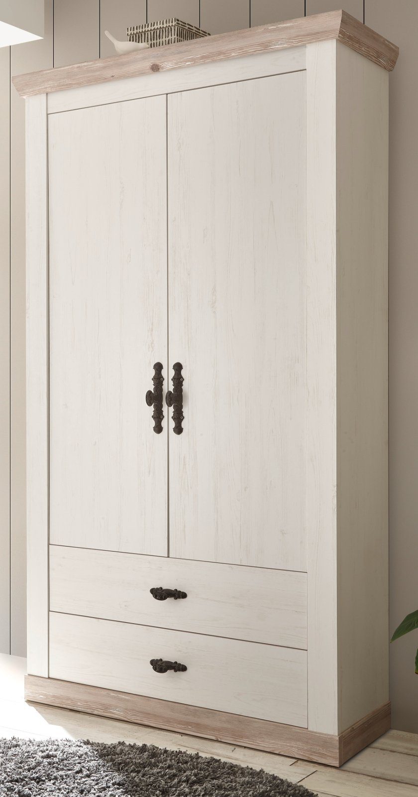 Furn.Design Garderobenschrank Rovola (Schuhschrank in Pinie weiß, 2-türig, 107 x 201 cm) mit variabler Inneneinteilung