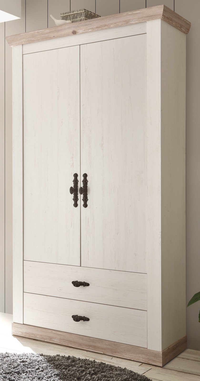Furn.Design Garderobenschrank Rovola (Schuhschrank in Pinie weiß, 2-türig,  107 x 201 cm) mit variabler Inneneinteilung
