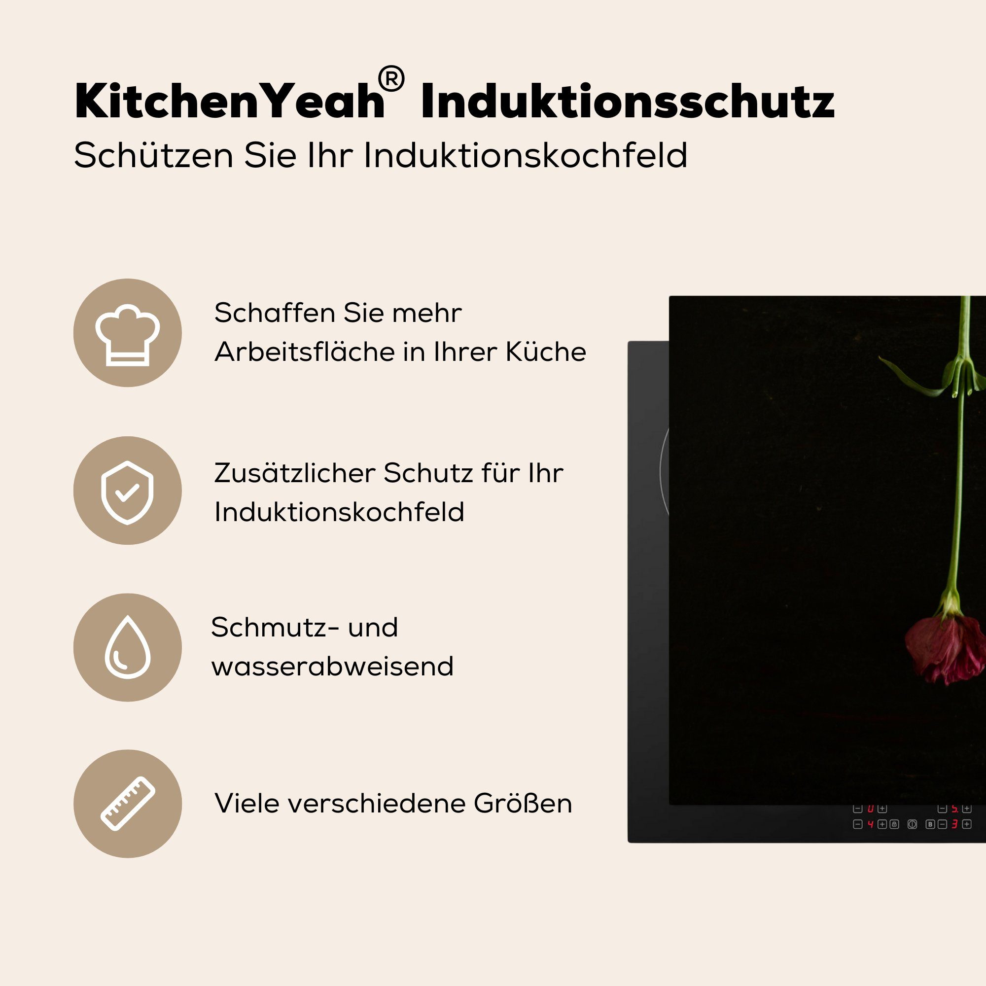 cm, MuchoWow tlg), - Rot Rose, (1 - Trockenblume Herdblende-/Abdeckplatte Vinyl, die Induktionsmatte küche, 59x52 Ceranfeldabdeckung für
