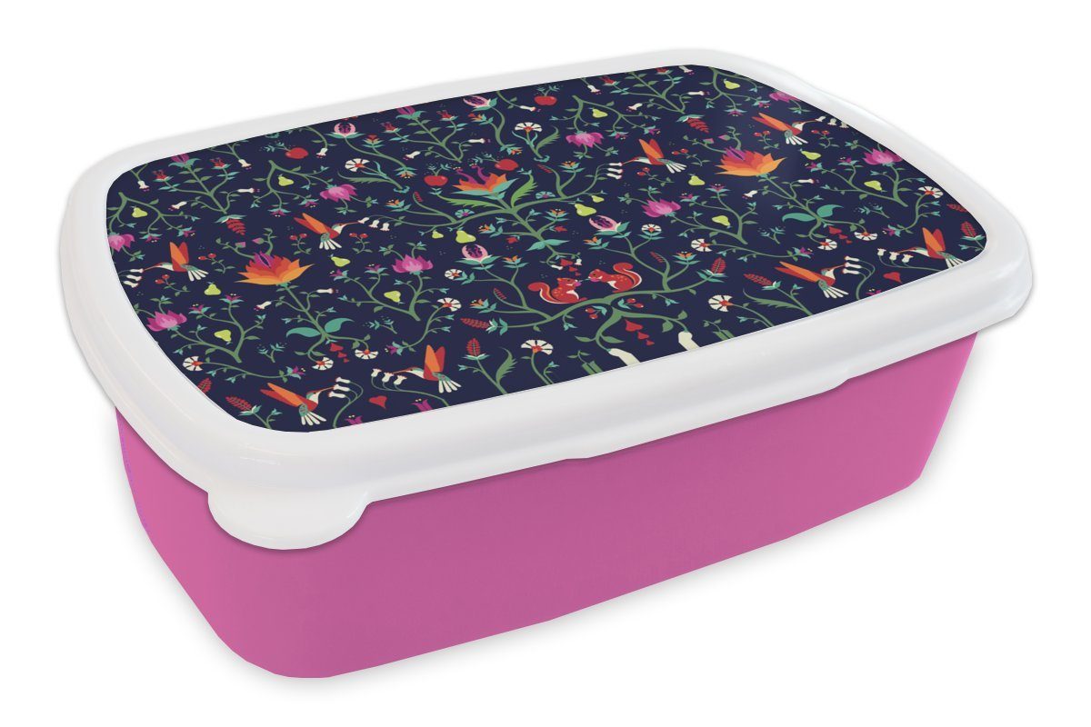 MuchoWow Lunchbox Blumen - Eichhörnchen - Muster, Kunststoff, (2-tlg), Brotbox für Erwachsene, Brotdose Kinder, Snackbox, Mädchen, Kunststoff rosa