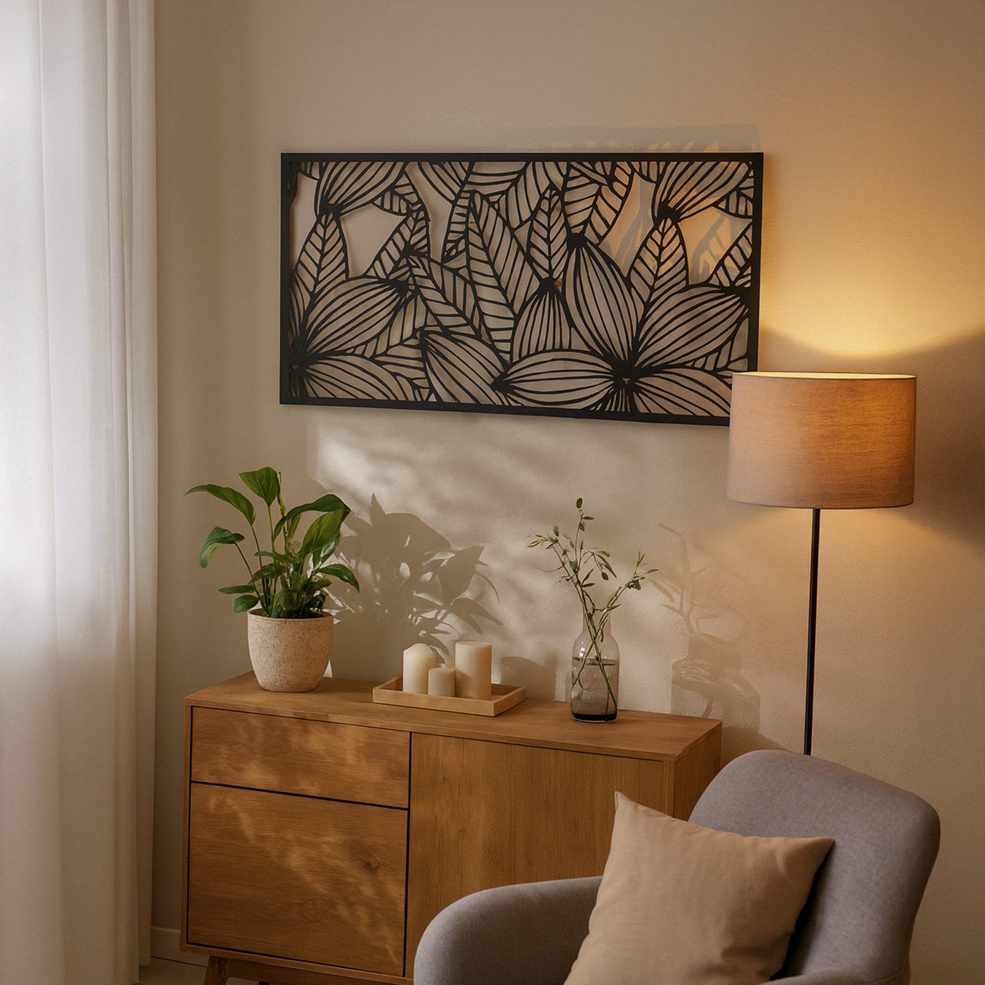 UNUS ELEMENTS Dekohänger Metallbild Blumen, Wanddeko innen außen mit Aufhängehaken (120x60 cm), Wanddeko floral aus Metall, Wandbild Blumen schwarz