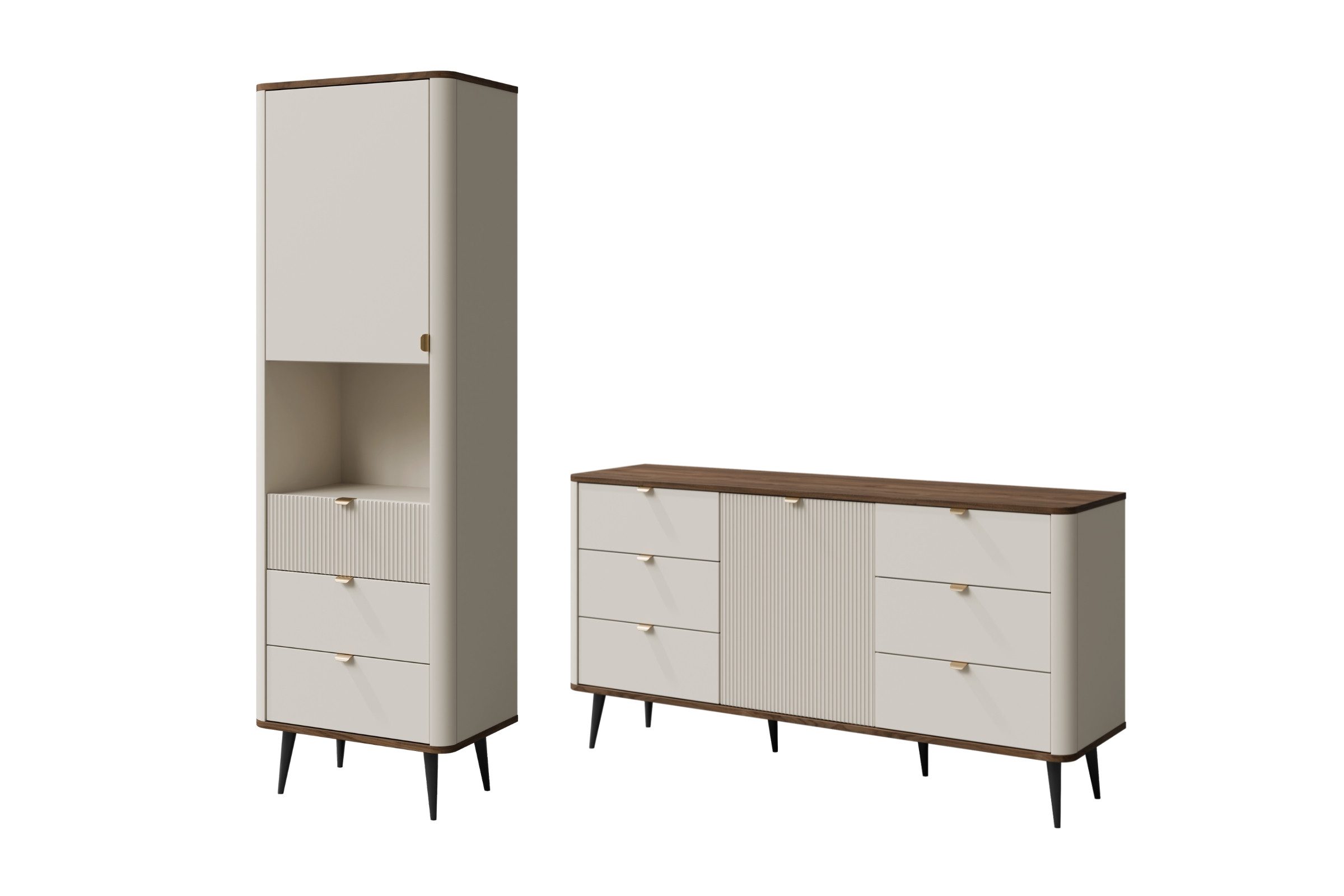Deine Möbel 24 Wohnzimmer-Set MILY B mit Kommode und Regal, (Komplett-Set, 2-St., Regal und Kommode), geriffelte Fronten, hohe Metallfüße