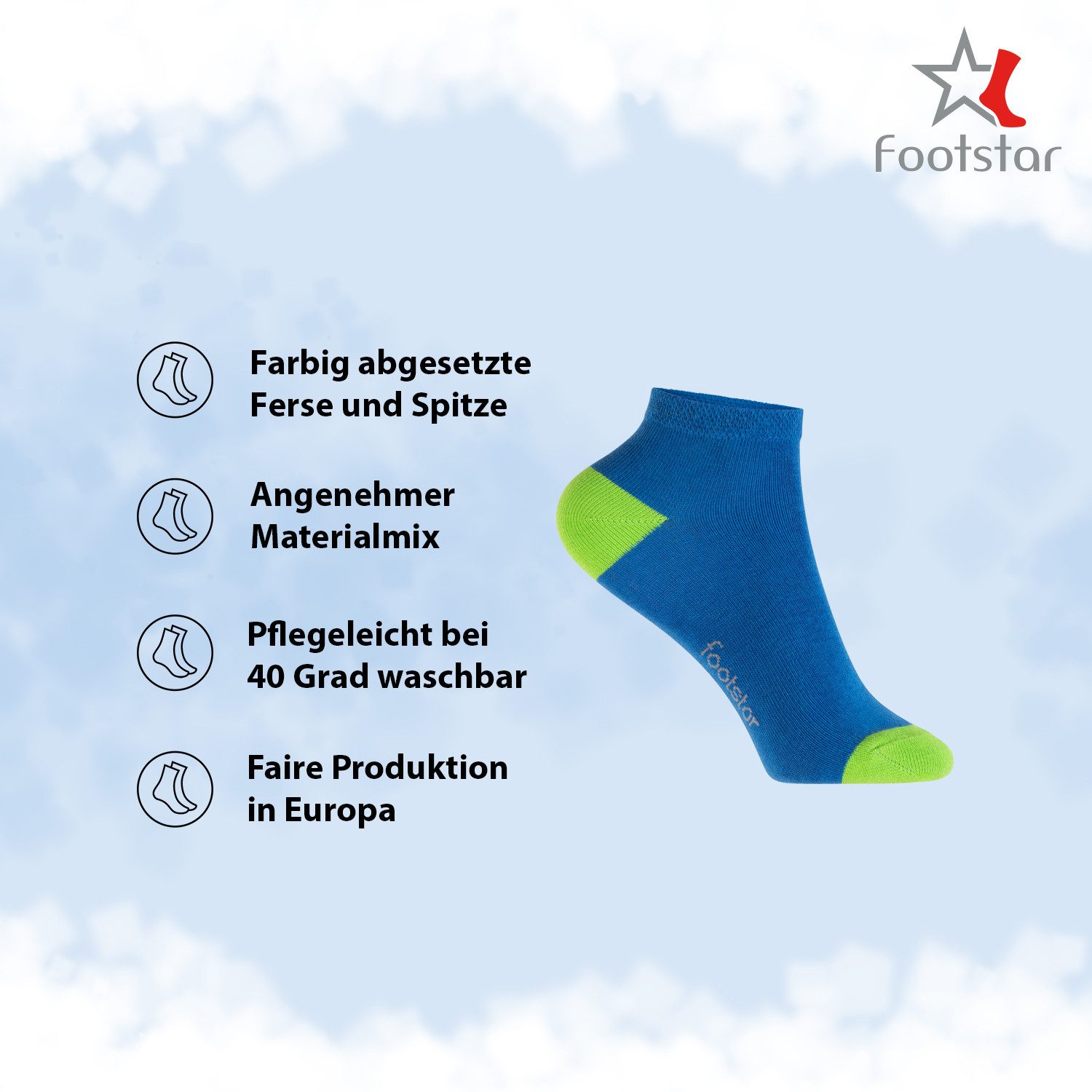 Footstar Kurzsocken Kinder Baumwoll Kurzschaft Socken (10 Paar) Ferse-Spitze