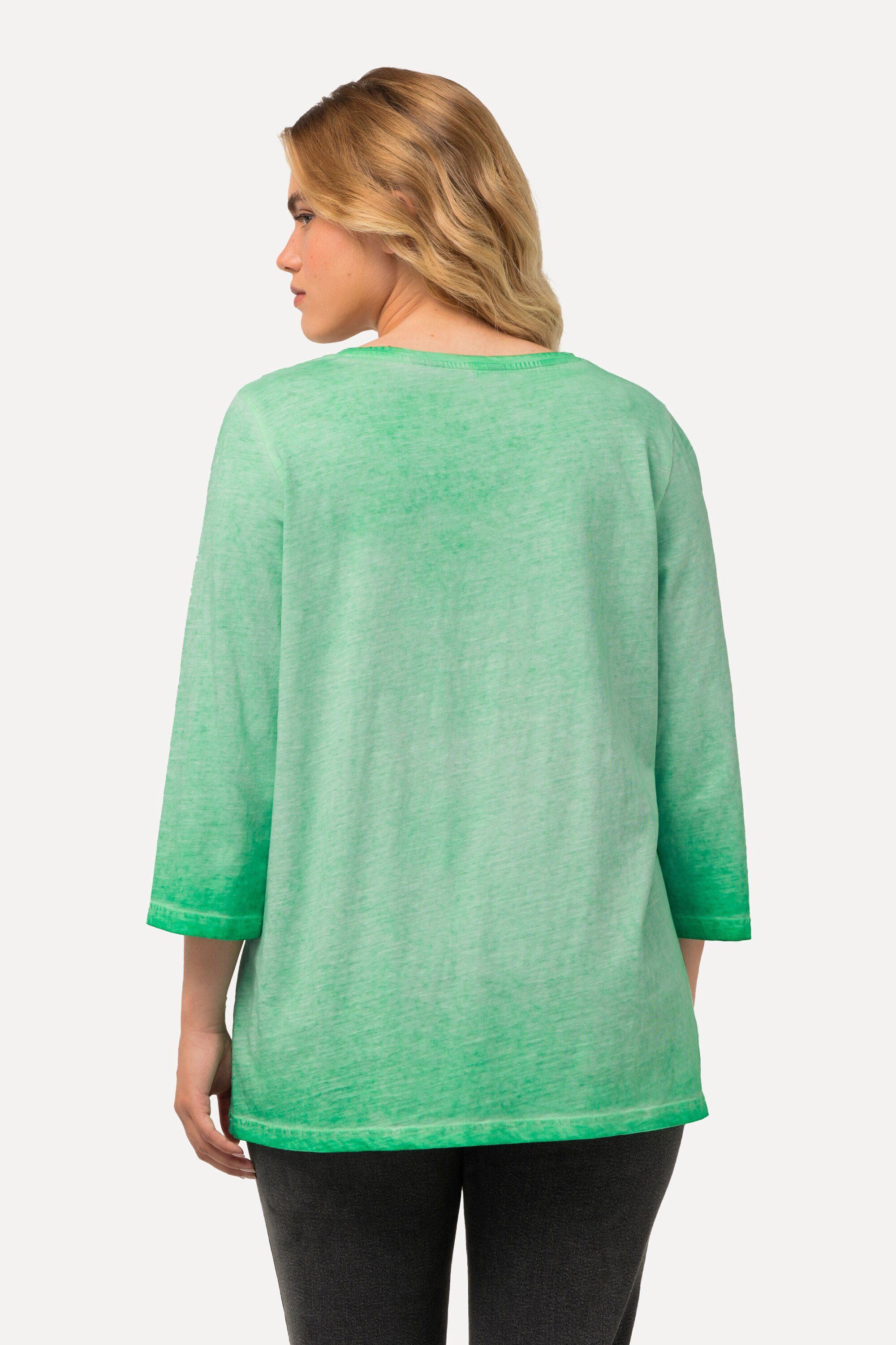 Popken Grußmotiv V-Ausschnitt Shirt Rundhalsshirt Cold Dyed 3/4-Arm Ulla blaugrün