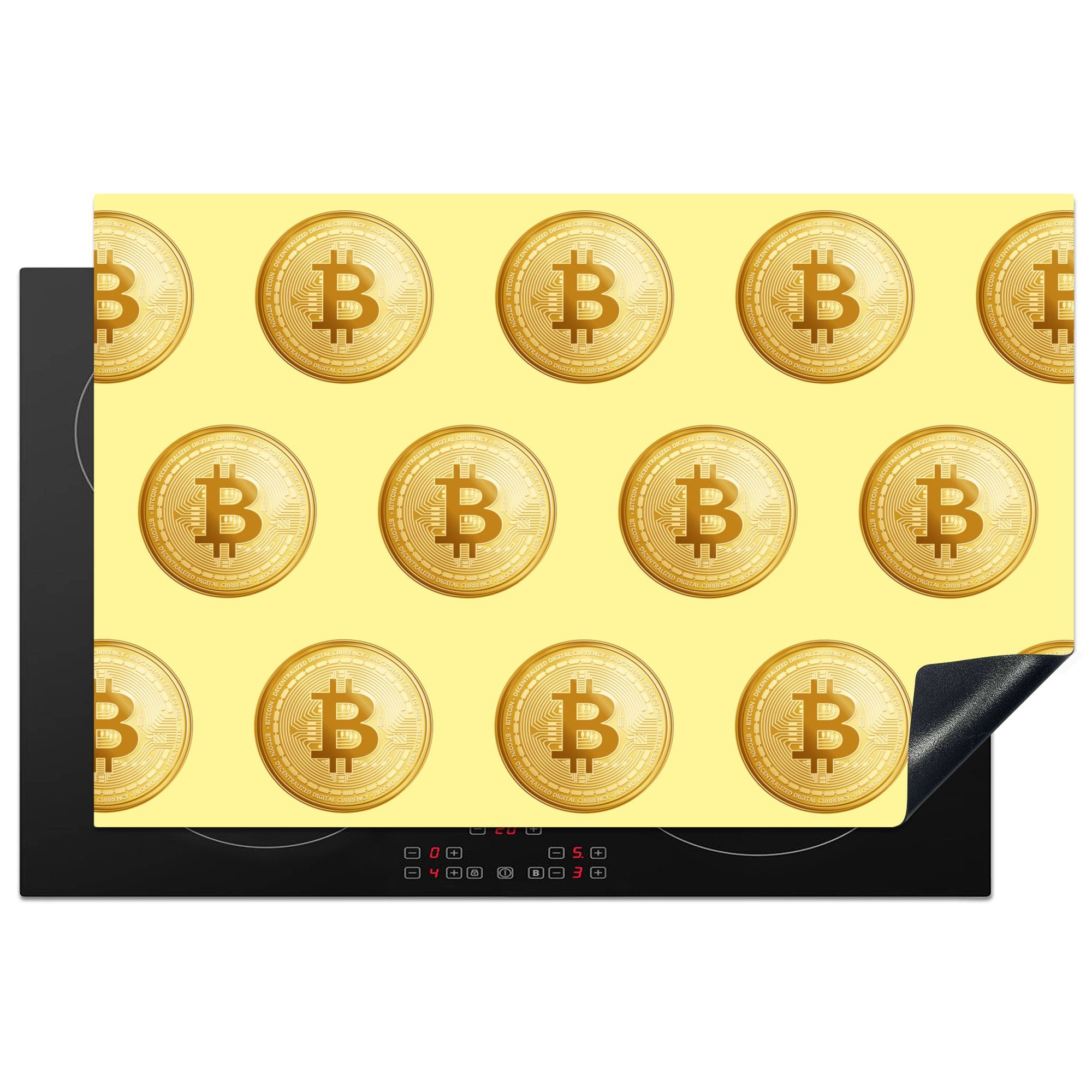 MuchoWow Herdblende-/Abdeckplatte Bitcoin - Gold - Muster - Gelb, Vinyl, (1 tlg), 81x52 cm, Induktionskochfeld Schutz für die küche, Ceranfeldabdeckung | Herdabdeckplatten